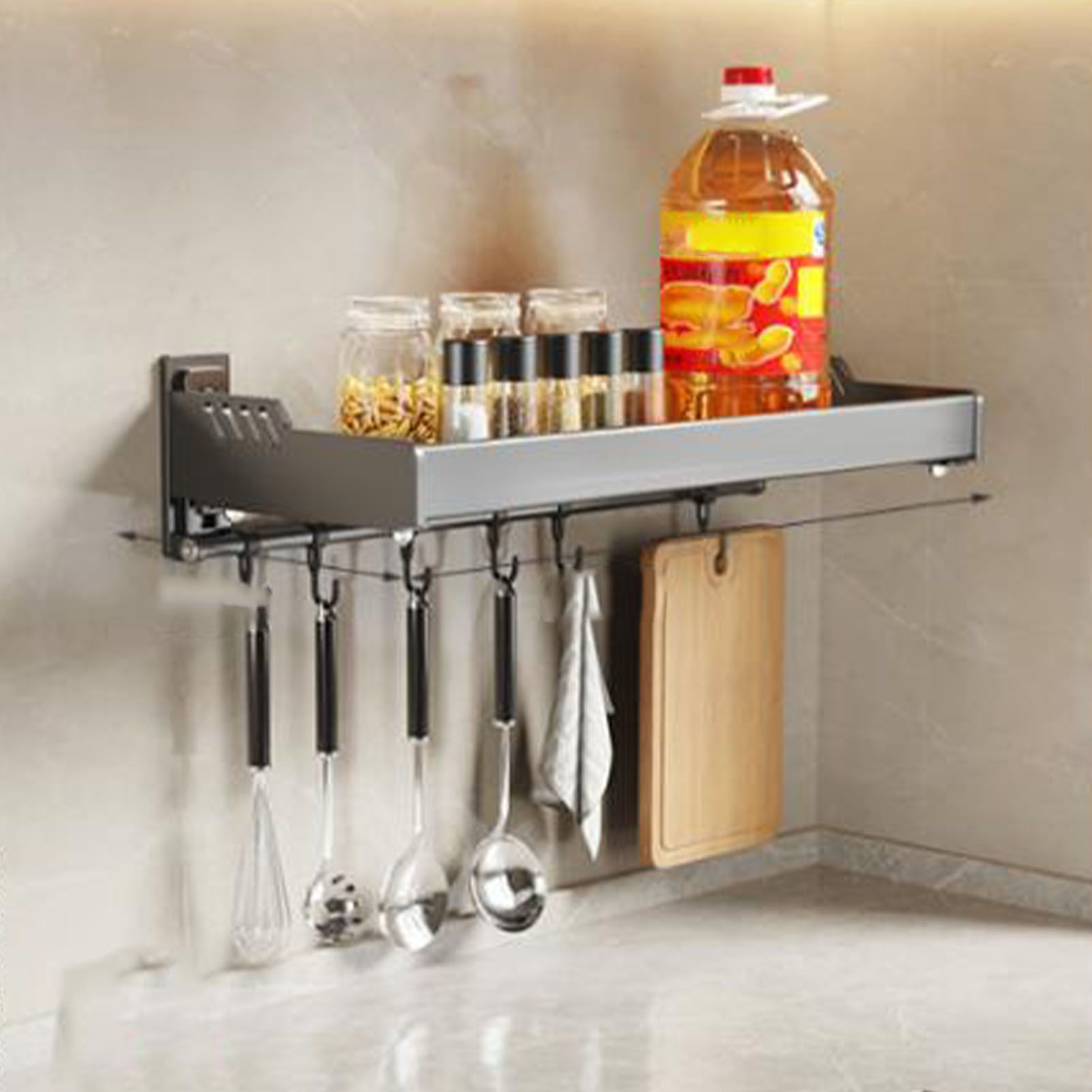 Wall Mount Kitchen Shelf Carbon Steel Punch Free Multifunctional Floating view 12