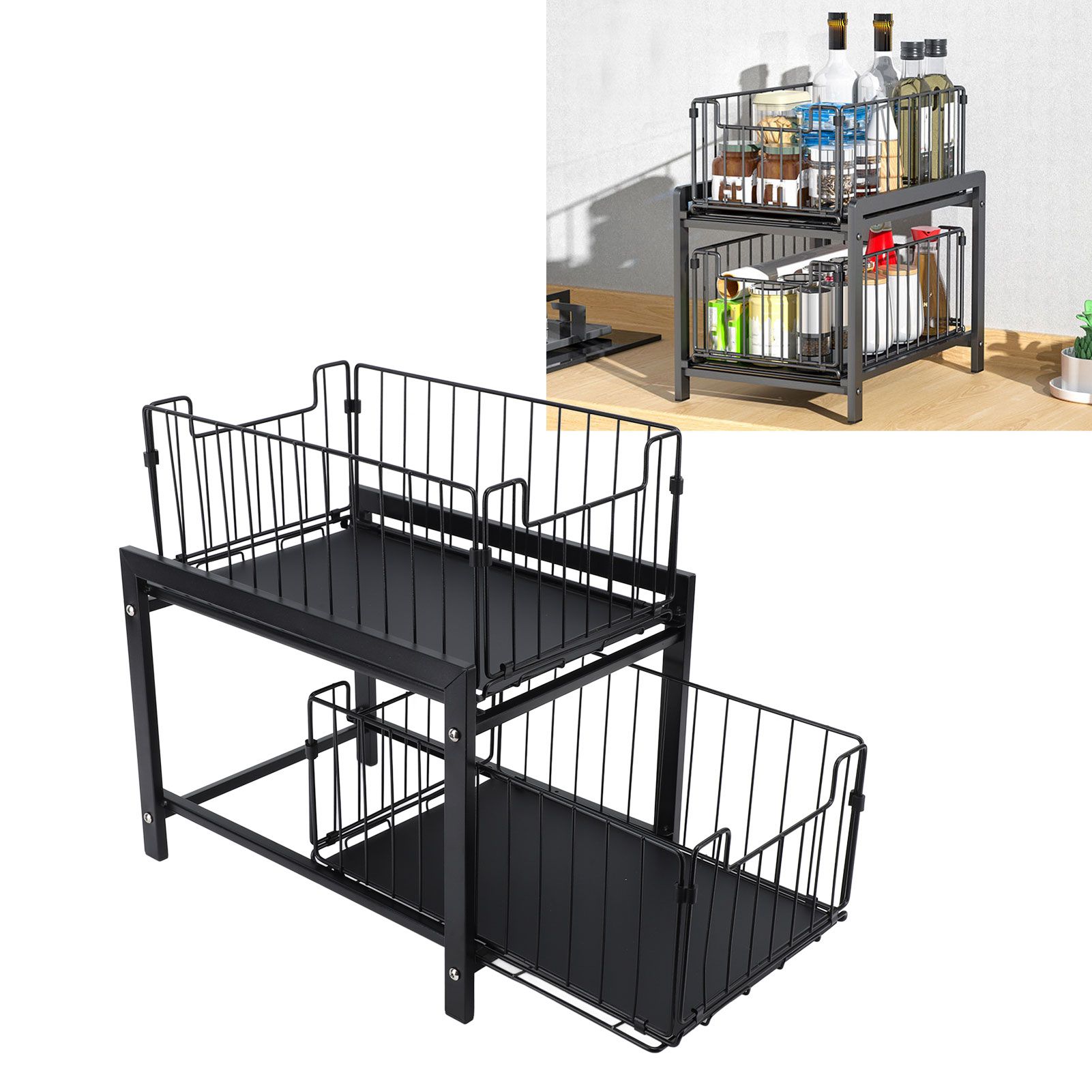 Under Sink Organizer Iron 2 Tier Pull Out Spice Rack Countertop Storage Shelf view 11