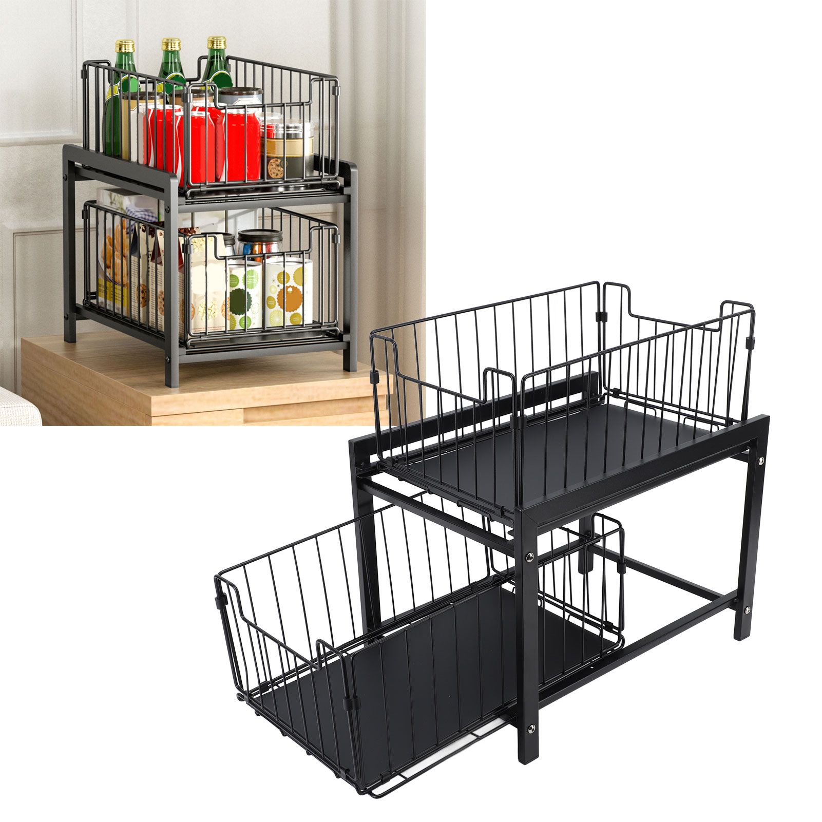 Under Sink Organizer Iron 2 Tier Pull Out Spice Rack Countertop Storage Shelf view 12