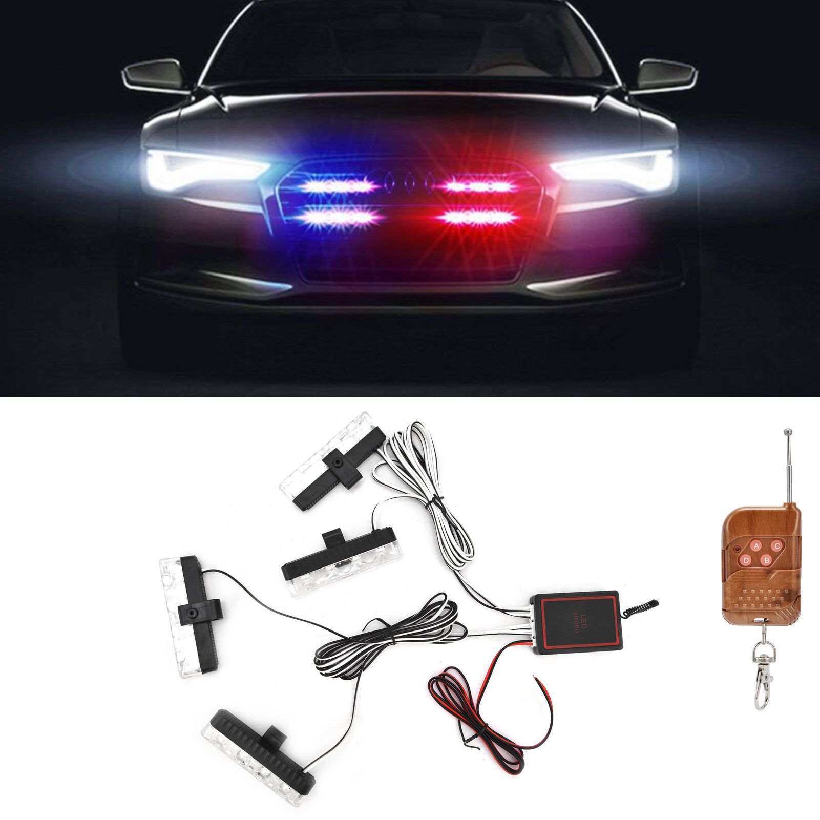 LED Red Blue Emergency Strobe Light 4x4LED Sync Flash Warning Lights 12V with view 11