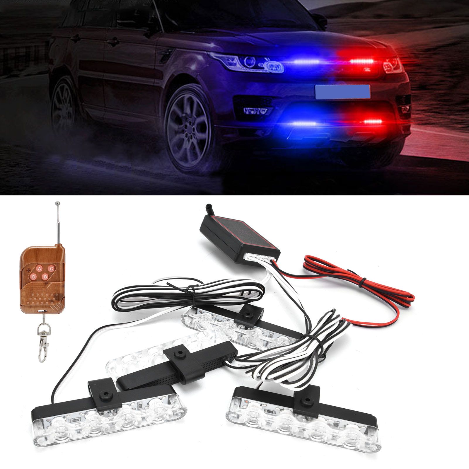 LED Red Blue Emergency Strobe Light 4x4LED Sync Flash Warning Lights 12V with view 12