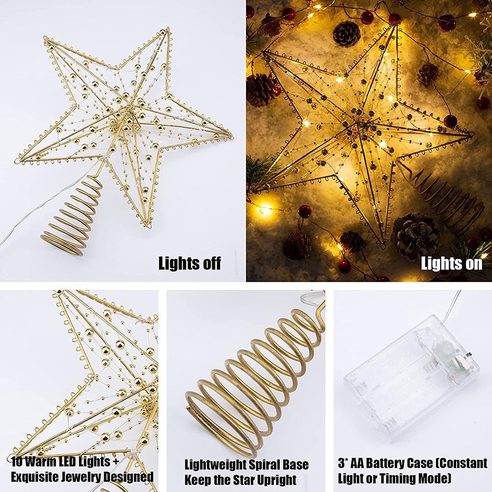 Christmas Tree Topper Star with LED String Light Glitter Christmas Tree Top view 5