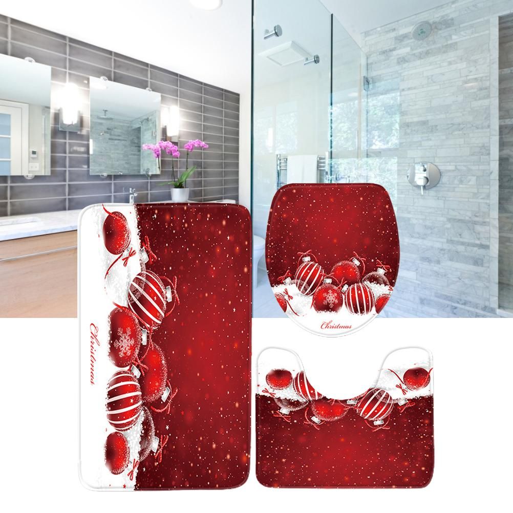 3Pcs Christmas Mat Sets Santa Claus Non Slip Mat Bathroom Doormat Toilet Seat view 3