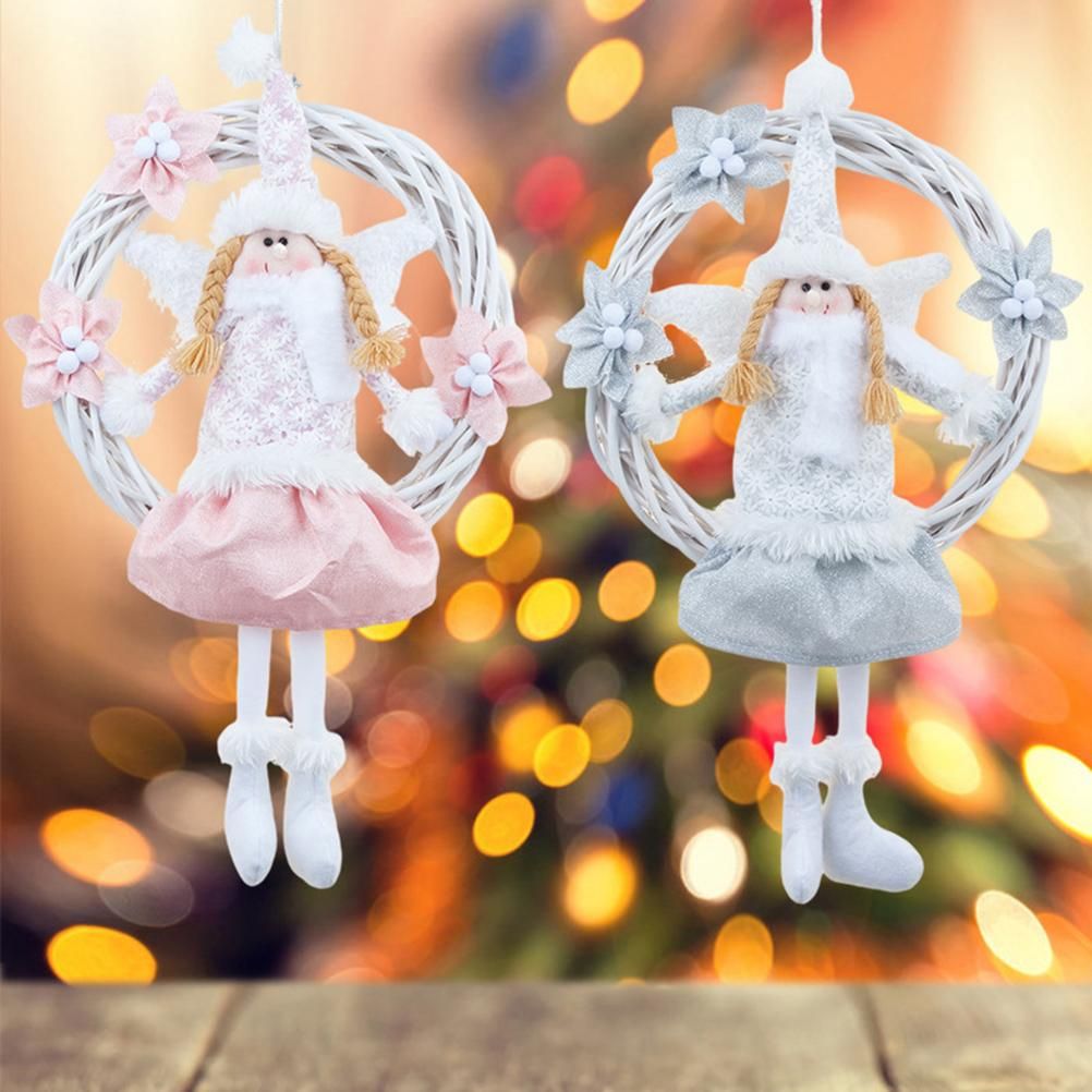 Christmas Cute Angel Rattan Ring Wreath Front Door Wreath Home Wall Hanging view 2