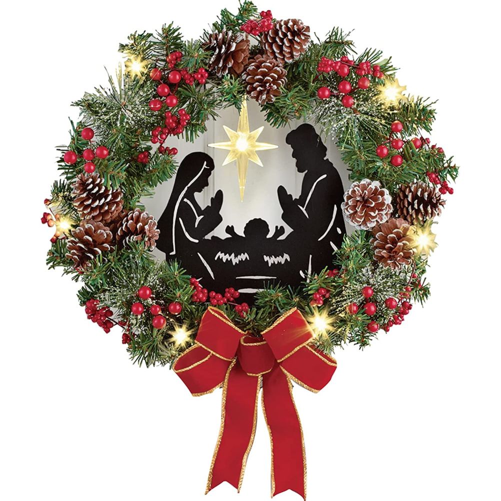 Christmas Wreath with Jesus Red Berry Pine Cone Nativity Scene LED Lights