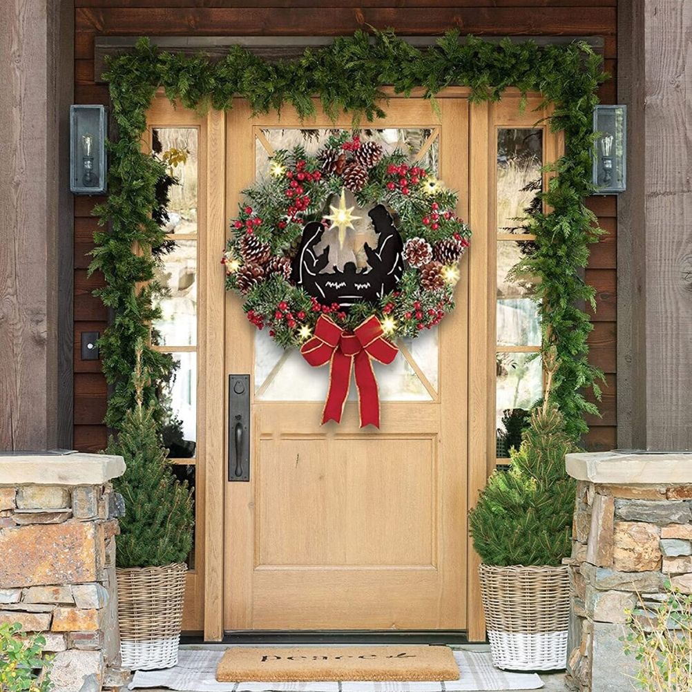 Christmas Wreath with Jesus Red Berry Pine Cone Nativity Scene LED Lights view 8