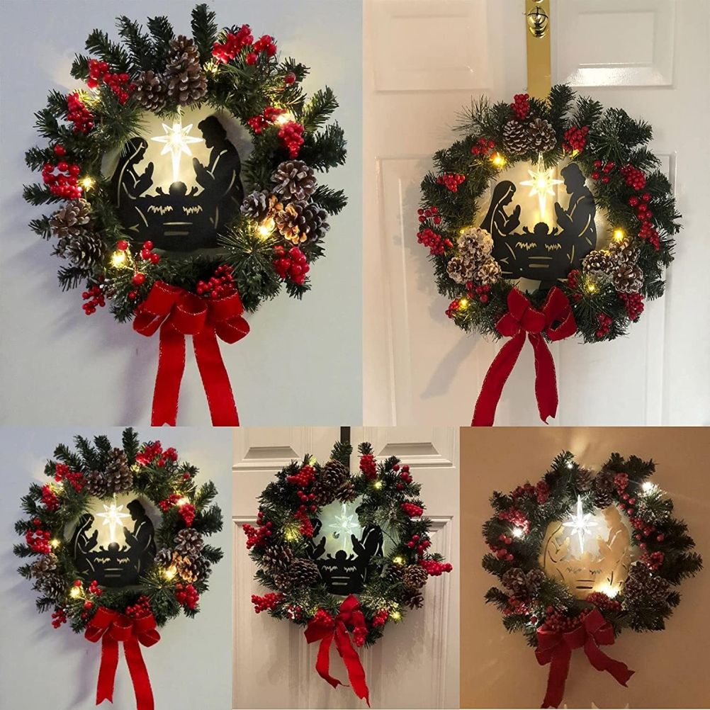 Christmas Wreath with Jesus Red Berry Pine Cone Nativity Scene LED Lights view 9