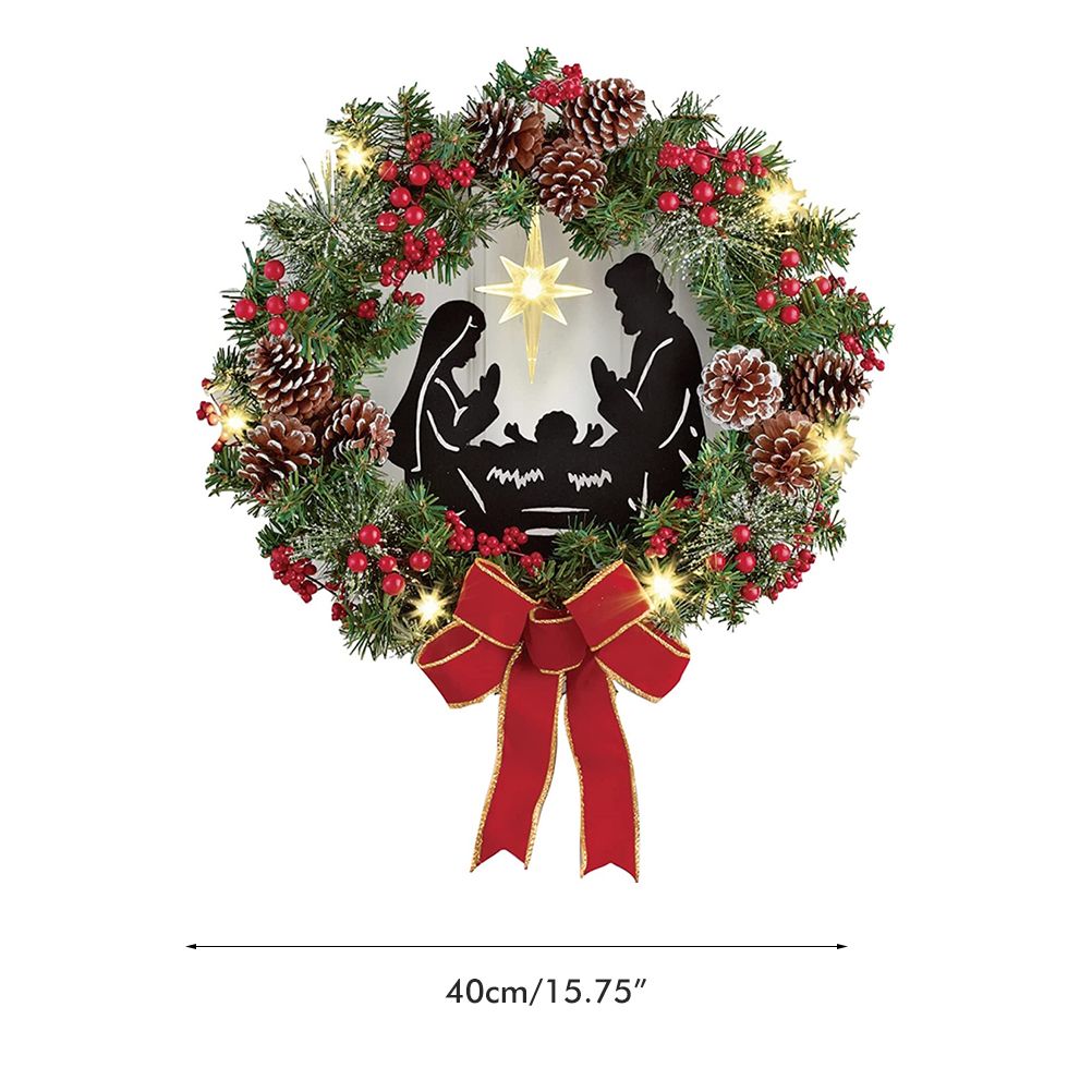 Christmas Wreath with Jesus Red Berry Pine Cone Nativity Scene LED Lights view 2