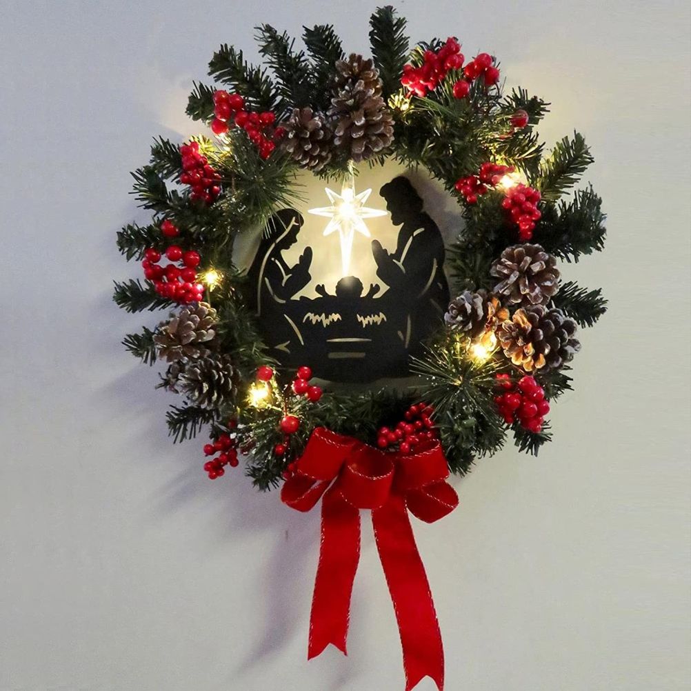 Christmas Wreath with Jesus Red Berry Pine Cone Nativity Scene LED Lights view 4