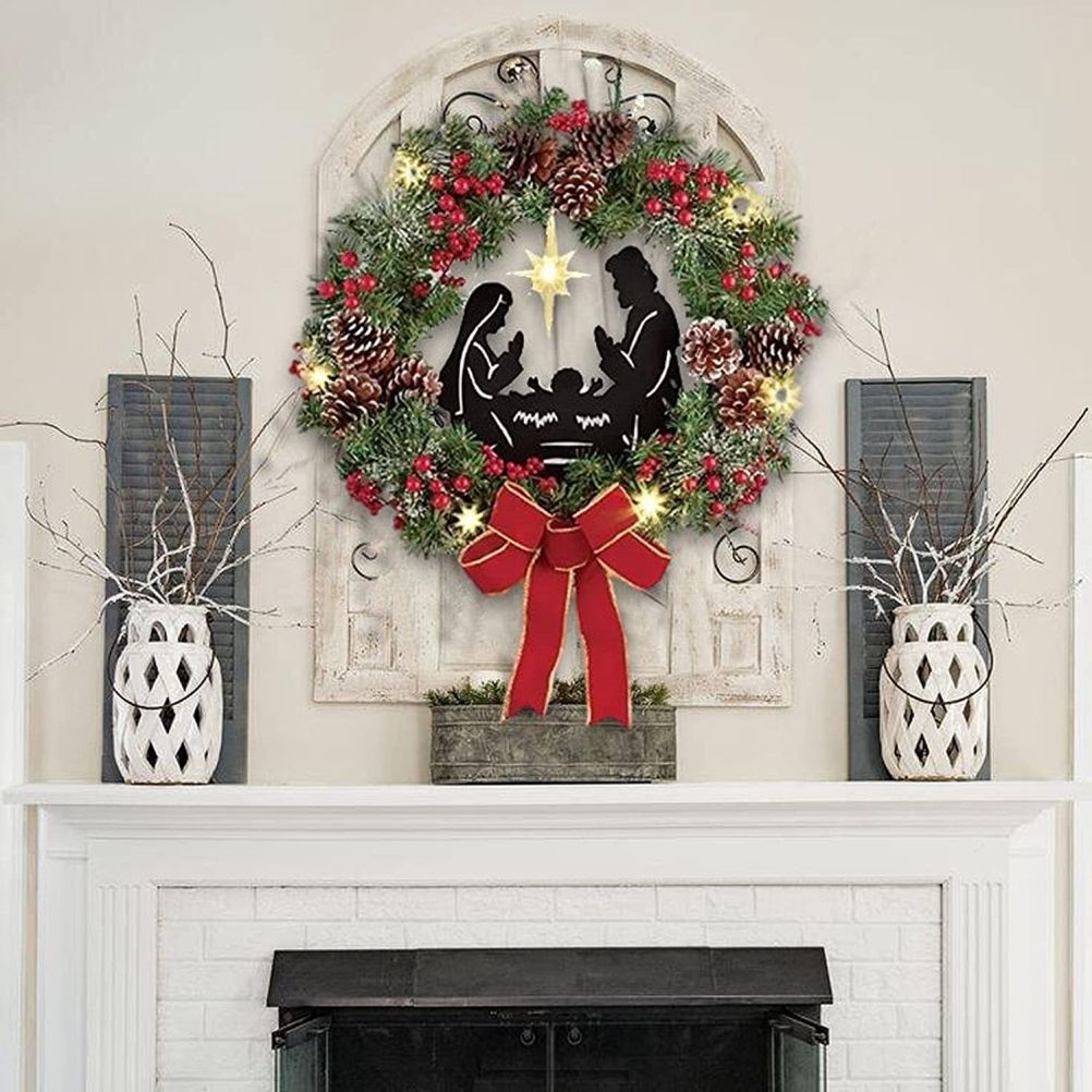 Christmas Wreath with Jesus Red Berry Pine Cone Nativity Scene LED Lights view 5
