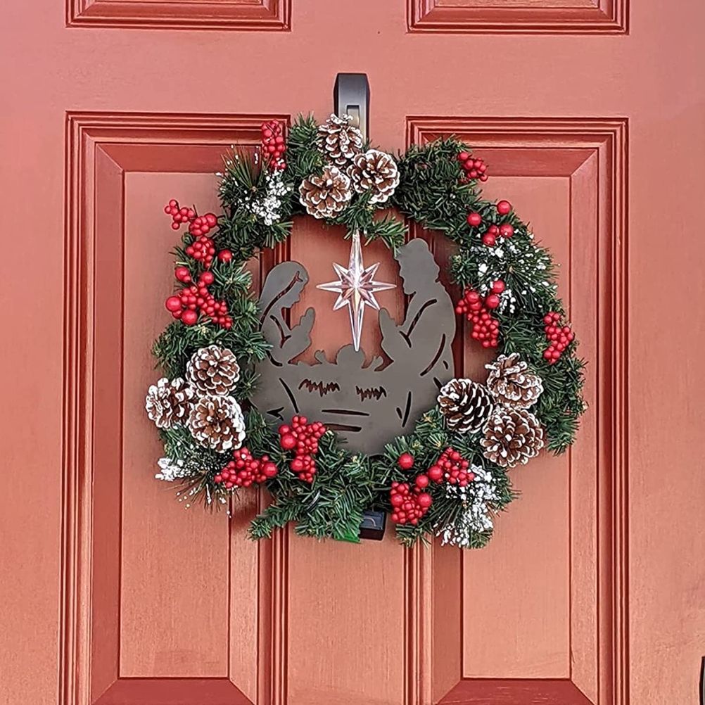 Christmas Wreath with Jesus Red Berry Pine Cone Nativity Scene LED Lights view 7