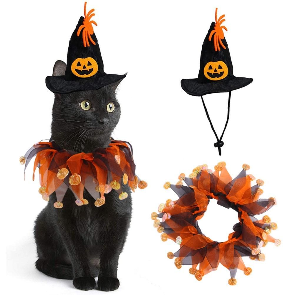 Halloween Collar Hat Set For Pet Dog Cat Head Bone Pattern Hat Funny Cosplay