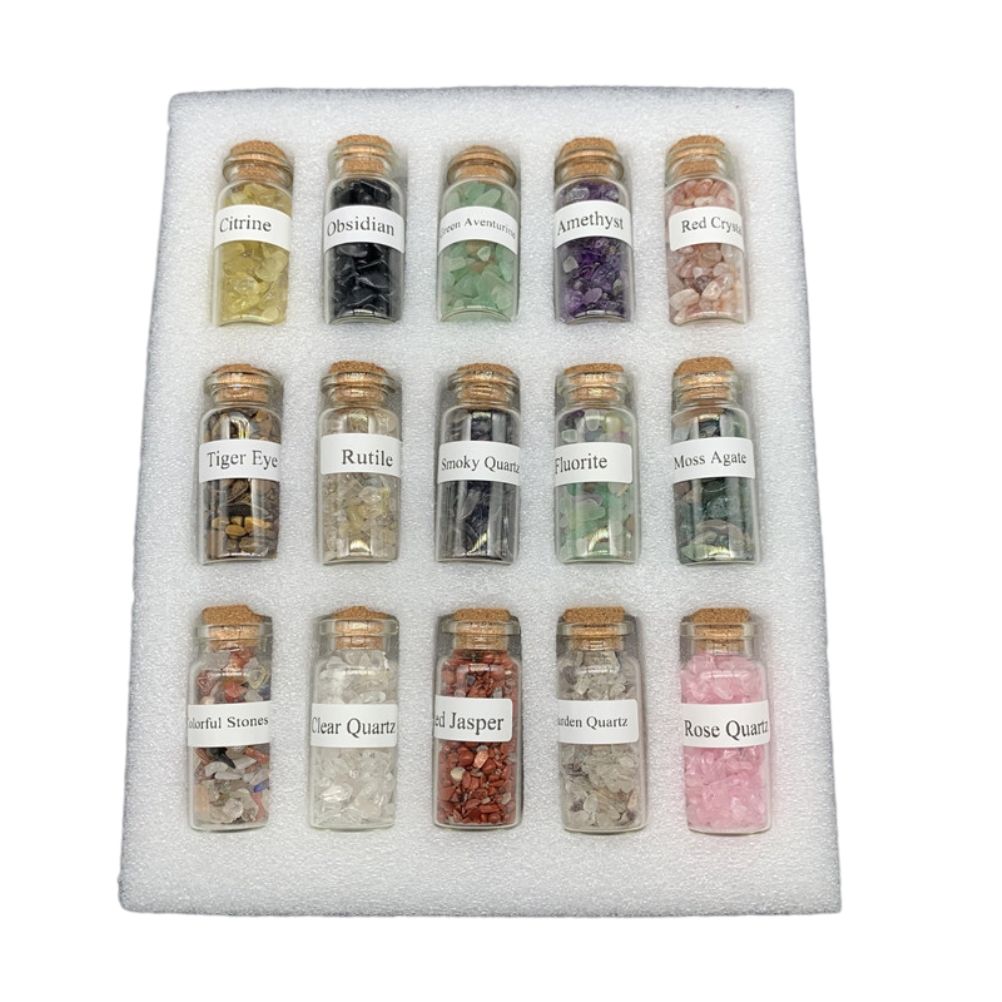 15Pcs Mini Wishing Bottles Chip Stone Set Crystal Tumbled Reiki Stones
