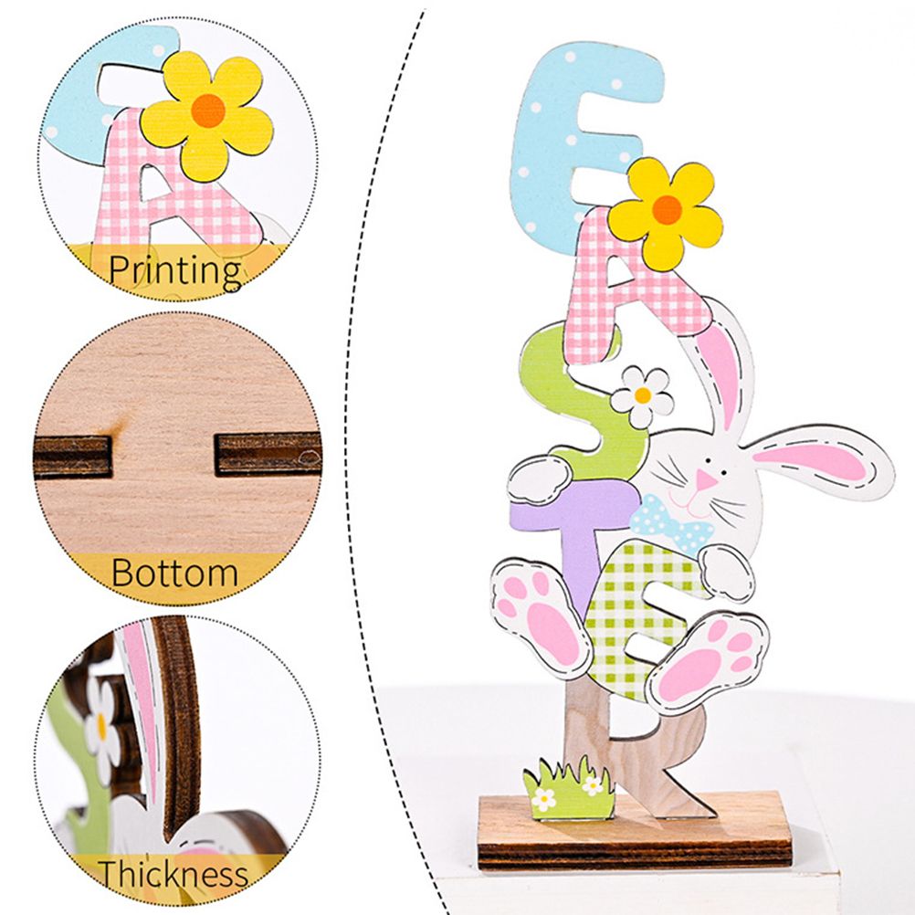 2 Pcs Easter Decorations Wooden Bunny Letter Printing Crafts Ornament Easter view 3