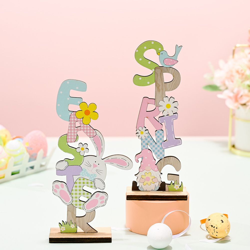 2 Pcs Easter Decorations Wooden Bunny Letter Printing Crafts Ornament Easter view 8