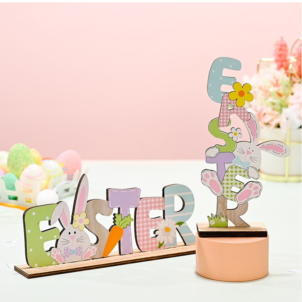 2 Pcs Easter Decorations Wooden Bunny Letter Printing Crafts Ornament Easter view 9