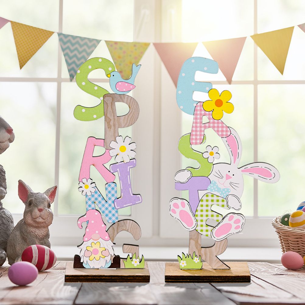 2 Pcs Easter Decorations Wooden Bunny Letter Printing Crafts Ornament Easter view 11