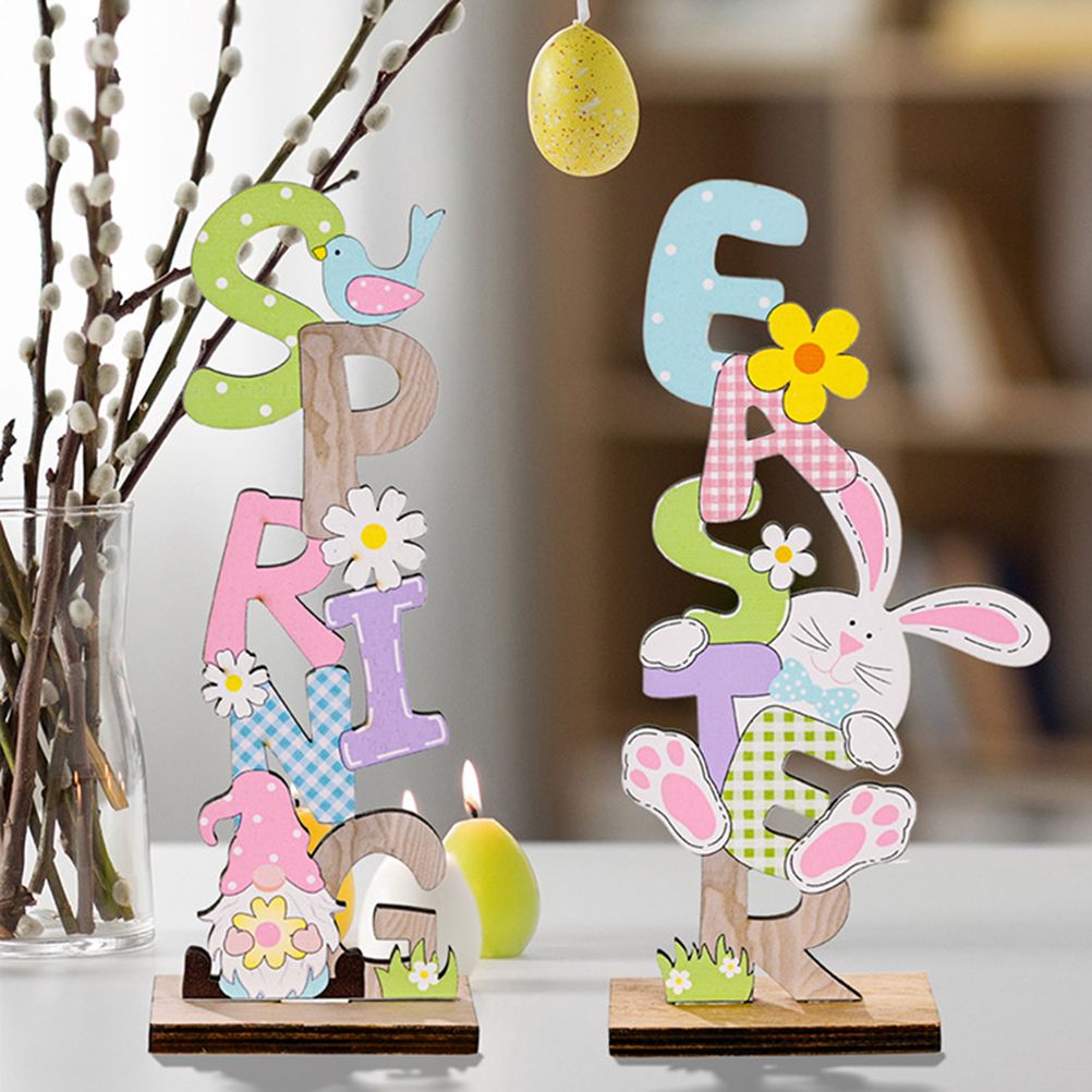 2 Pcs Easter Decorations Wooden Bunny Letter Printing Crafts Ornament Easter view 12