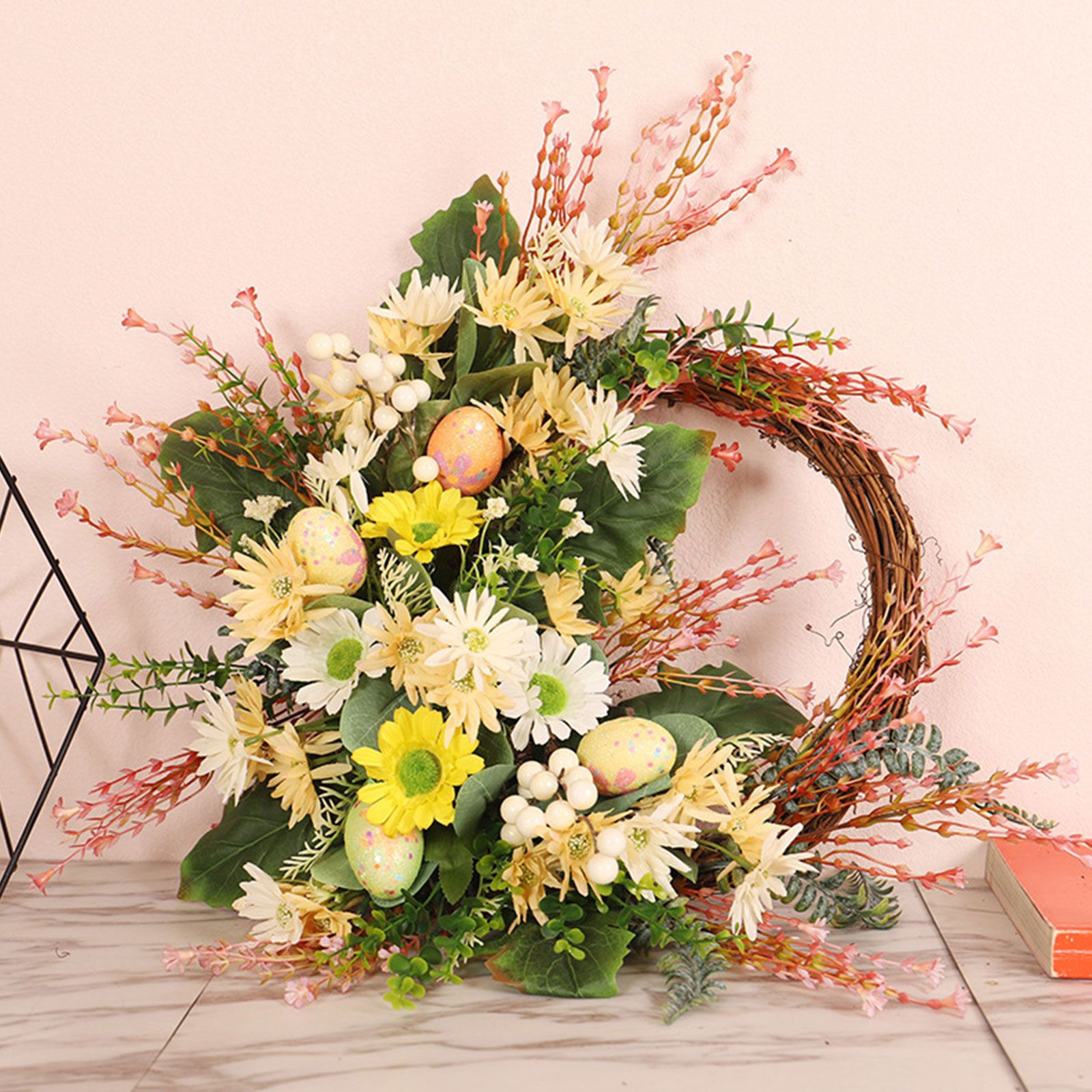 Artificial Wild Chrysanthemum Half Wreath Easter Decorative Wreaths for Home view 3