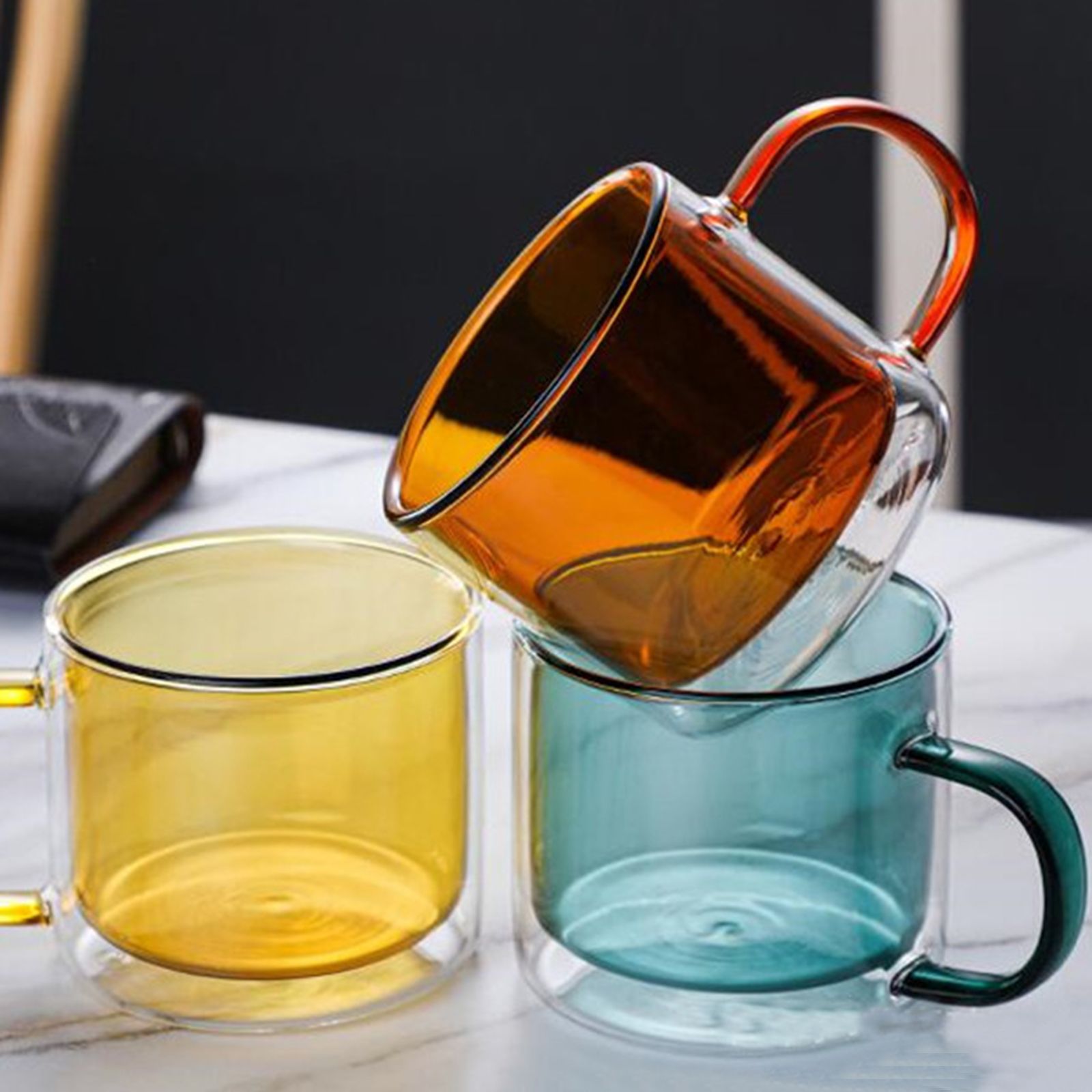 Double Walled Insulated Glass Mug Colorful Transparent Mug with Handle Coffee Cup view 10