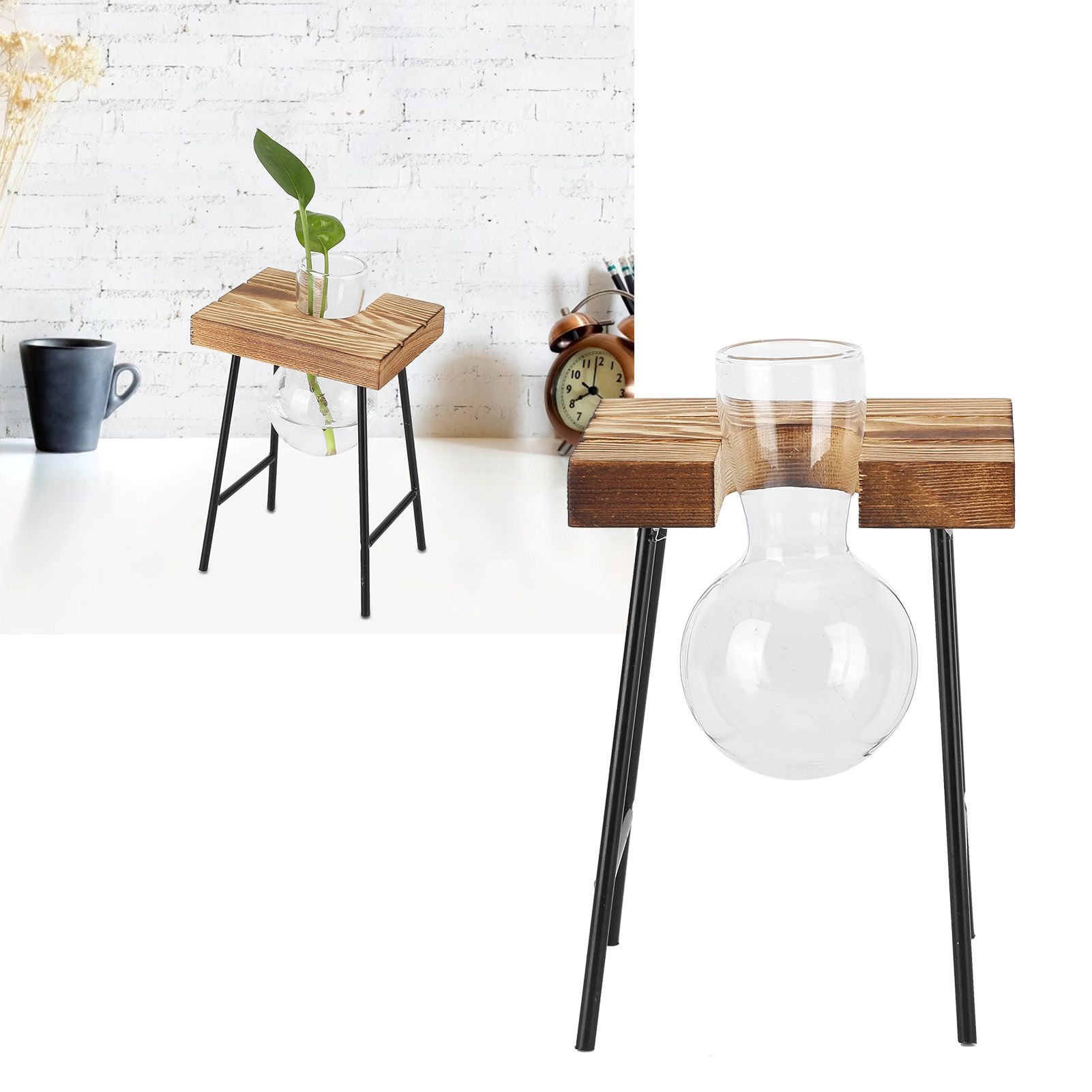 Desktop Glass Planter Wooden Stand Bulb Glass Vase Hydroponics Plant Planter view 11
