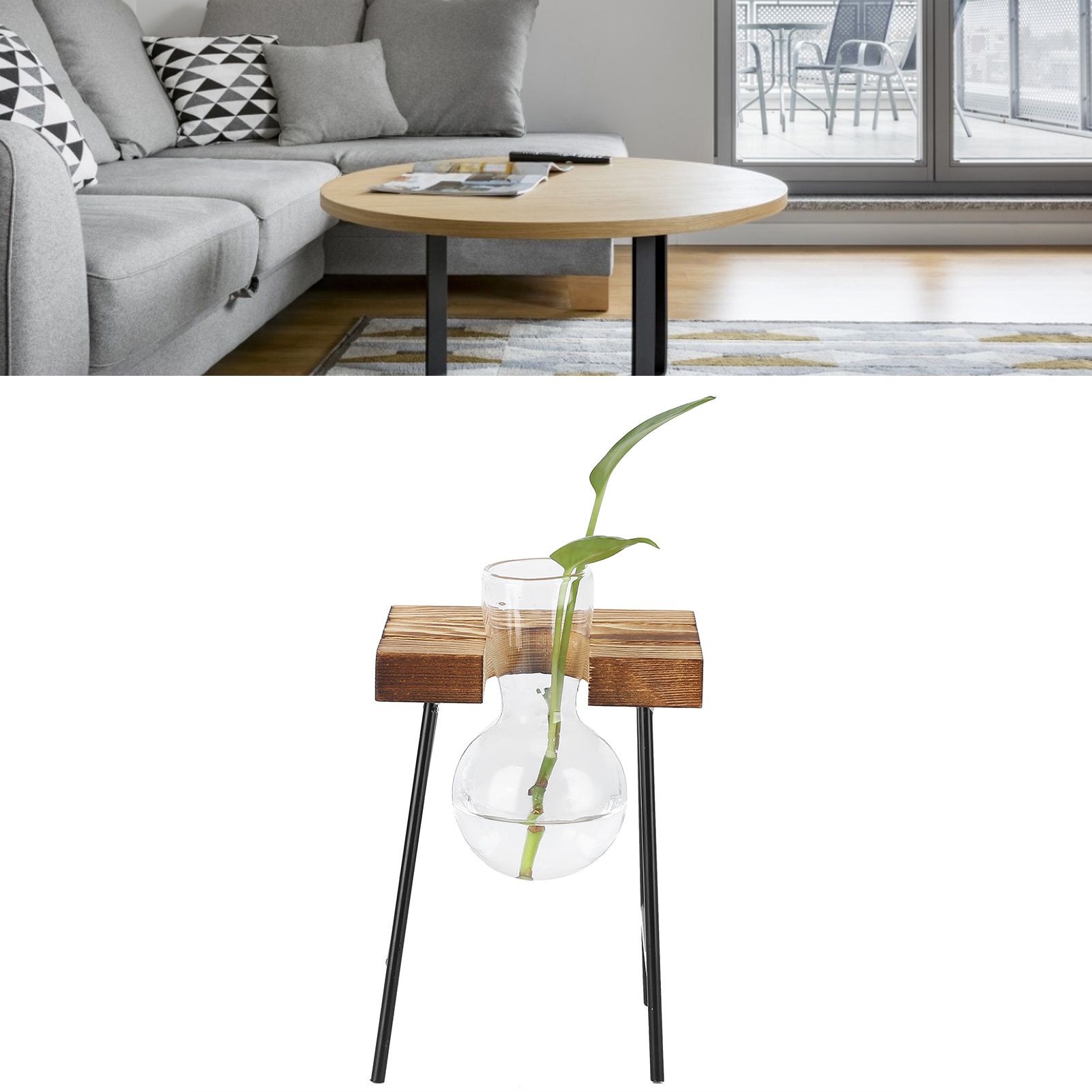 Desktop Glass Planter Wooden Stand Bulb Glass Vase Hydroponics Plant Planter view 12