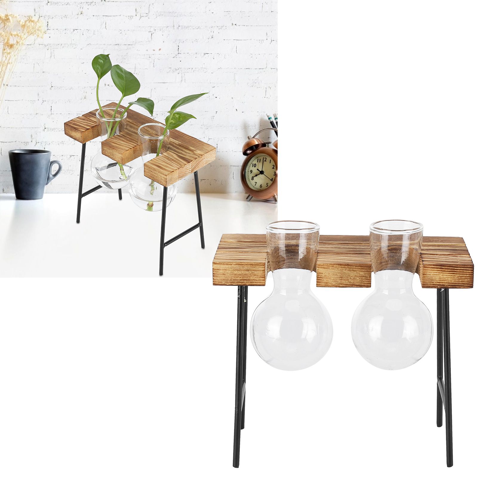 Desktop Glass Planter Wooden Stand Bulb Glass Vase Hydroponics Plant Planter view 11