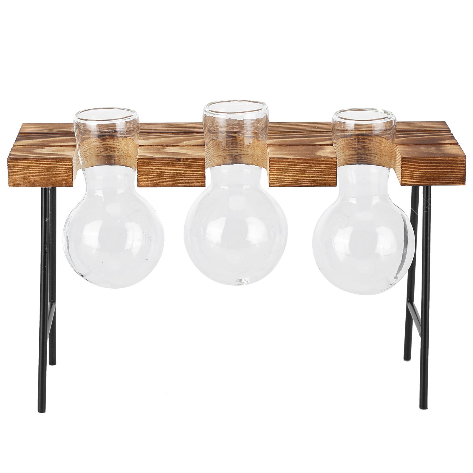 Desktop Glass Planter Wooden Stand Bulb Glass Vase Hydroponics Plant Planter