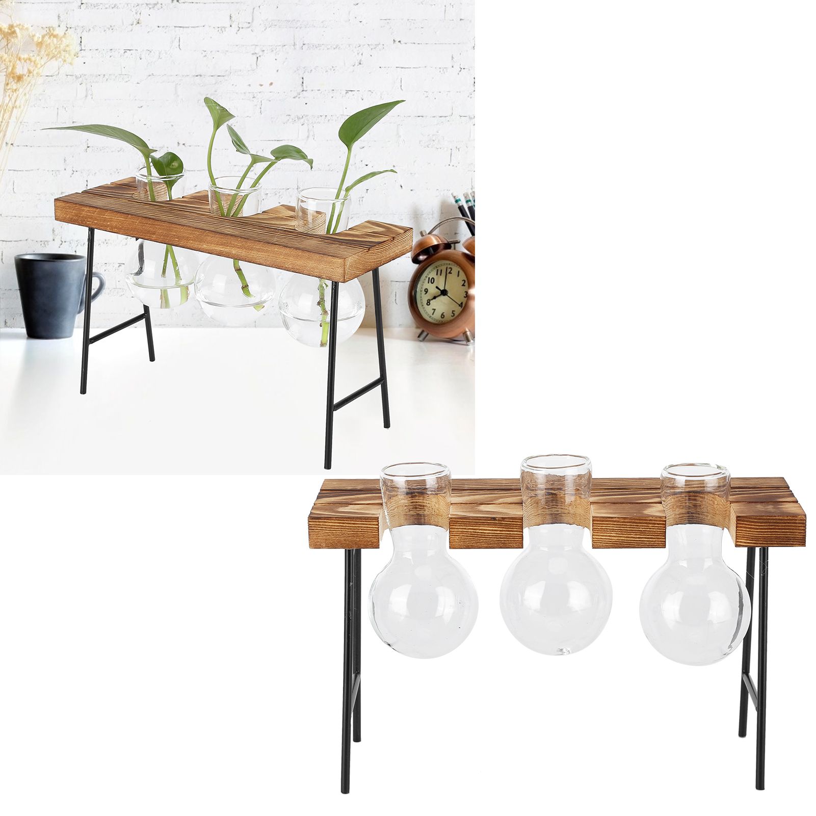 Desktop Glass Planter Wooden Stand Bulb Glass Vase Hydroponics Plant Planter view 11