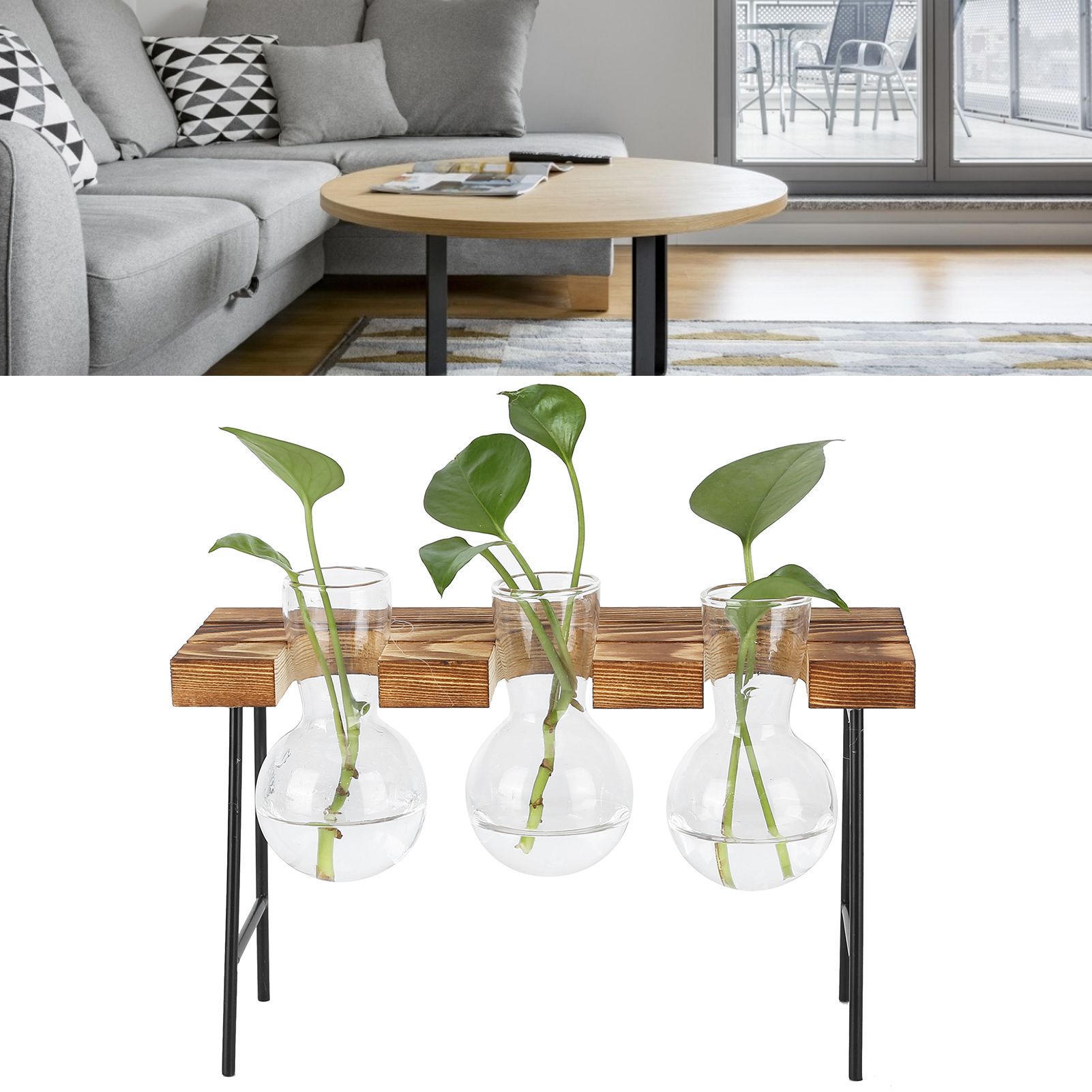 Desktop Glass Planter Wooden Stand Bulb Glass Vase Hydroponics Plant Planter view 12