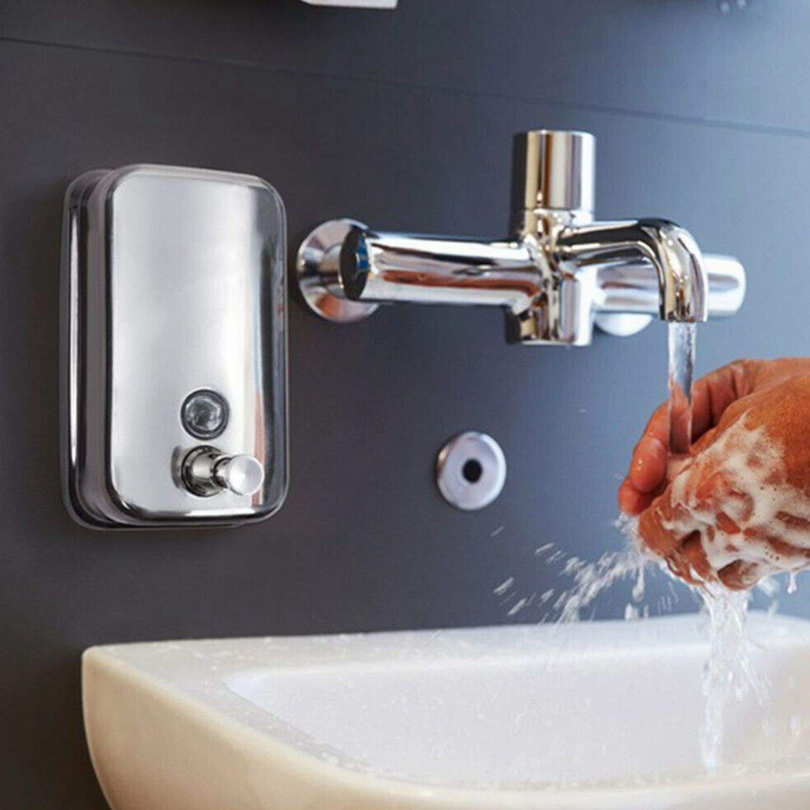 Soap Dispenser Manual Wall Mounted Stainless Steel Shower Gel Shampoo Hand view 12