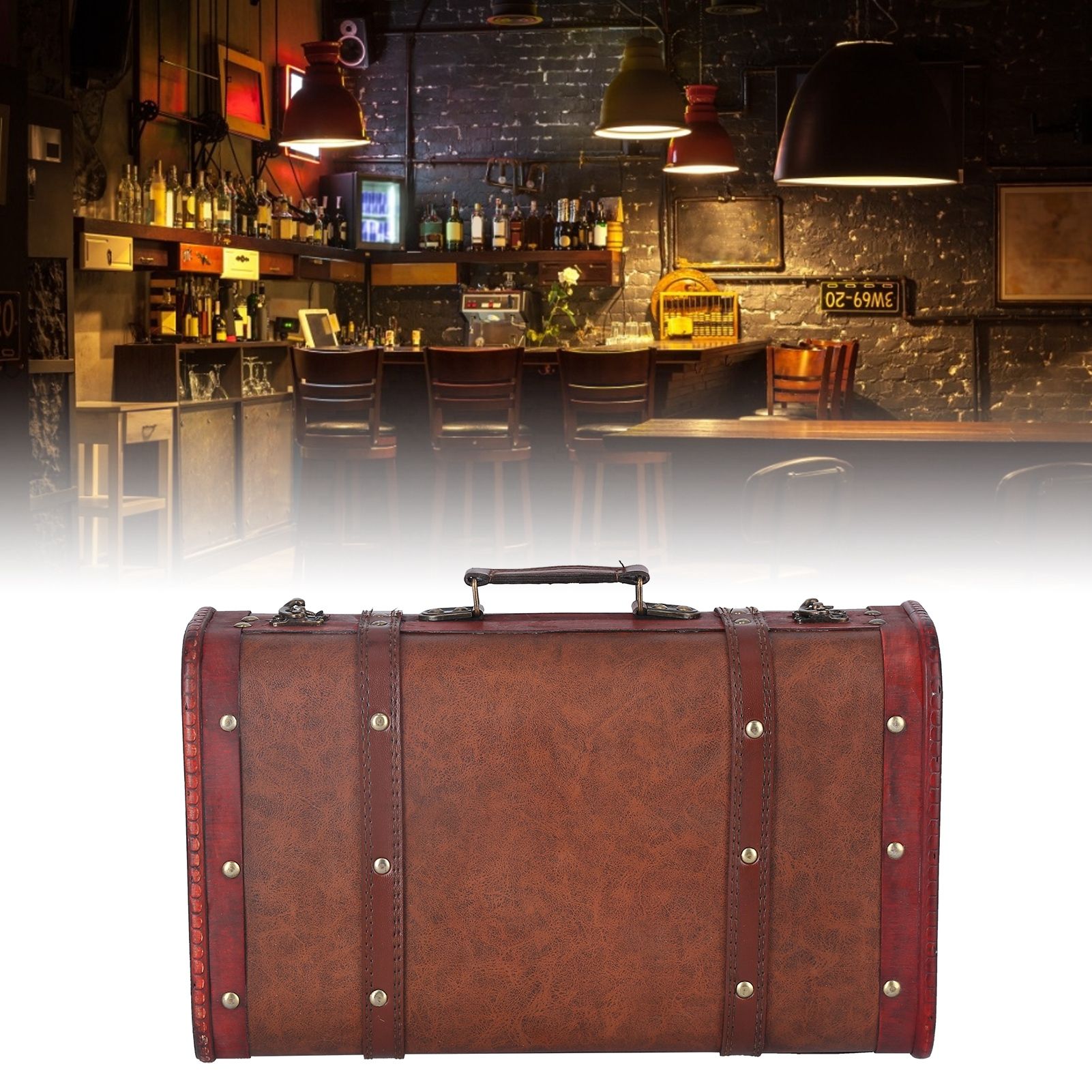 Antique Suitcase Portable Wooden Storage Chest Collection Ornaments view 12