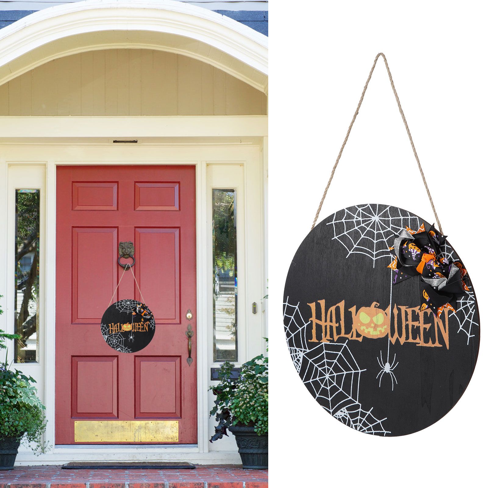 Spider Web Pattern Welcome Sign Wooden Hanging Door Hanger for Halloween view 12