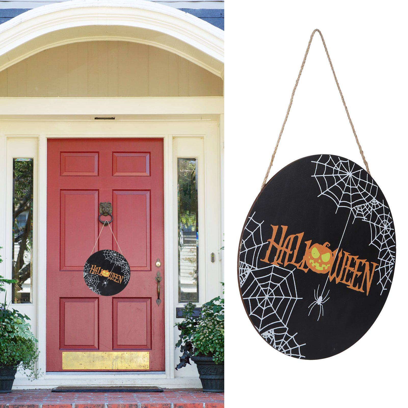 Spider Web Pattern Welcome Sign Wooden Hanging Door Hanger for Halloween view 12