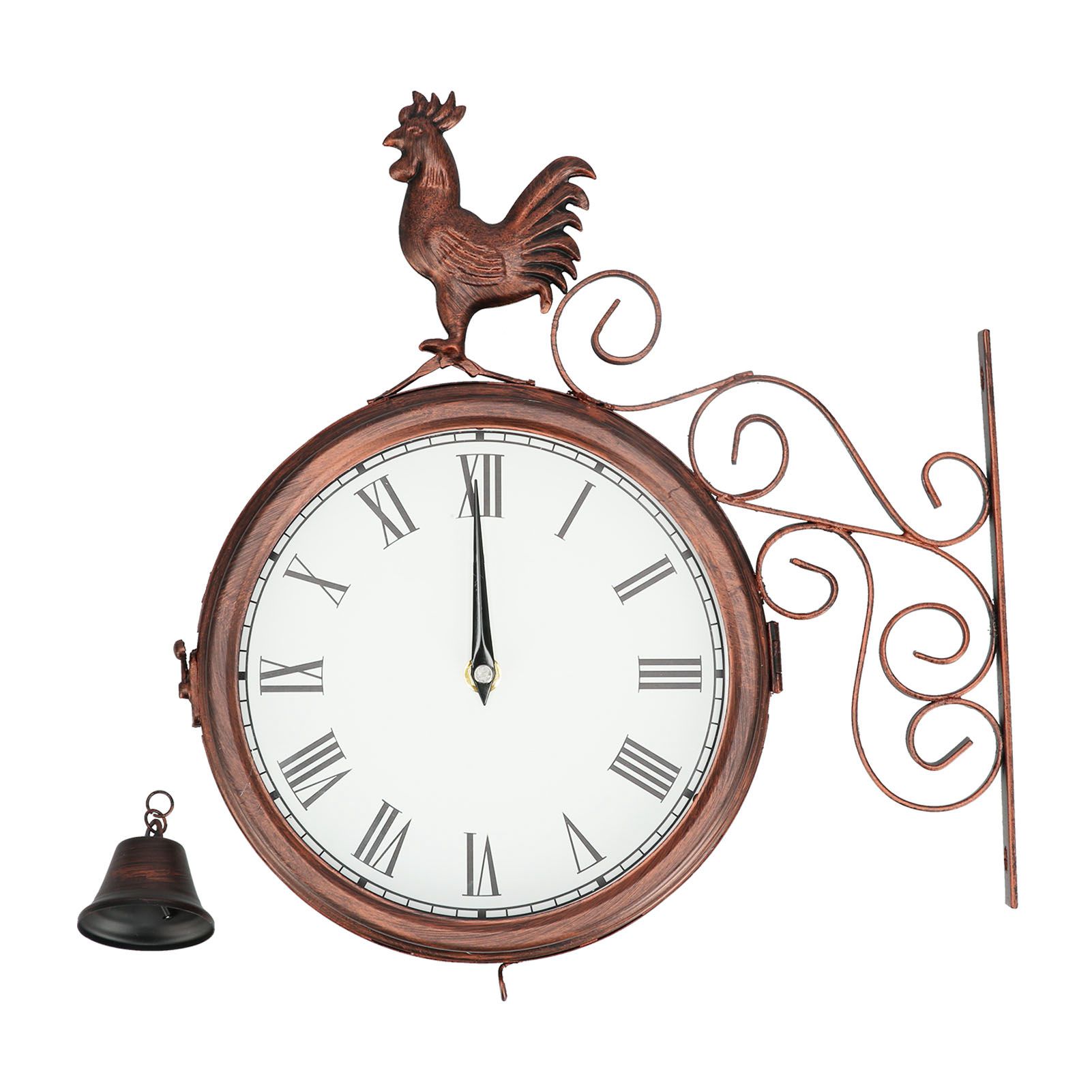 Iron Wrought Wall Clock Rooster Double Sided Antique Brass Wall Clock Round view 2