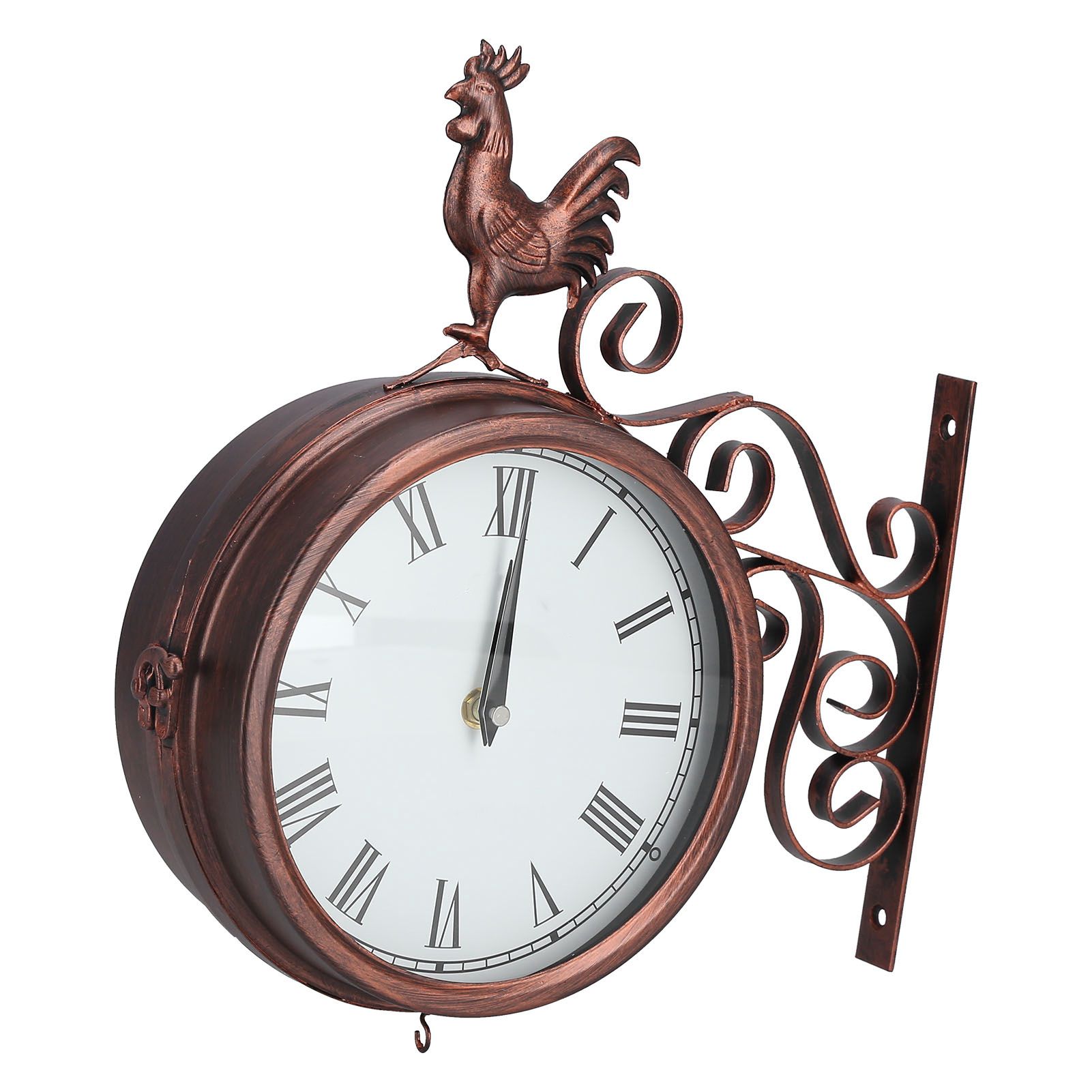 Iron Wrought Wall Clock Rooster Double Sided Antique Brass Wall Clock Round view 9