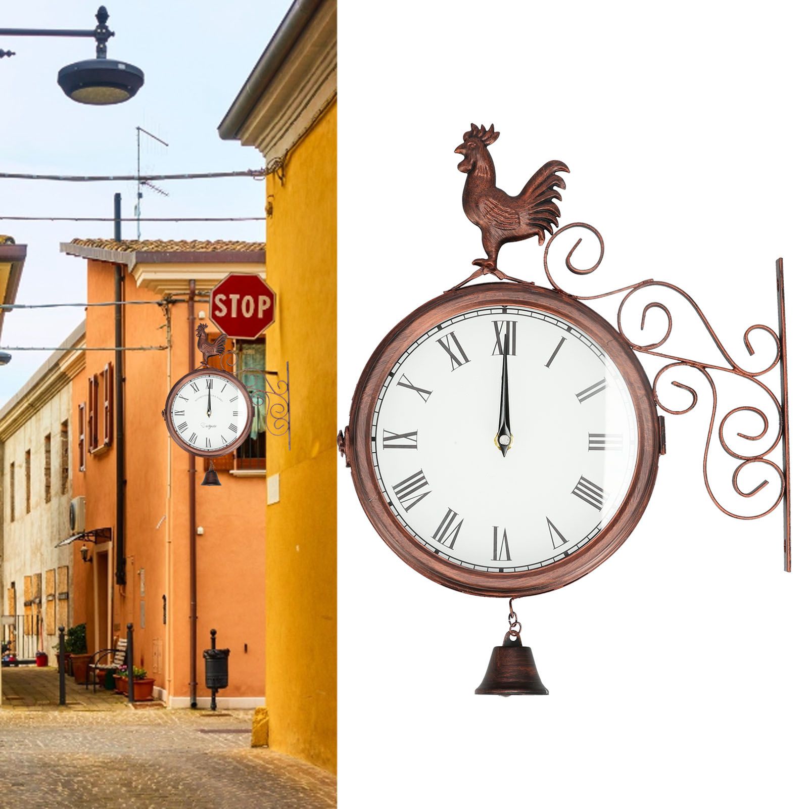 Iron Wrought Wall Clock Rooster Double Sided Antique Brass Wall Clock Round view 11
