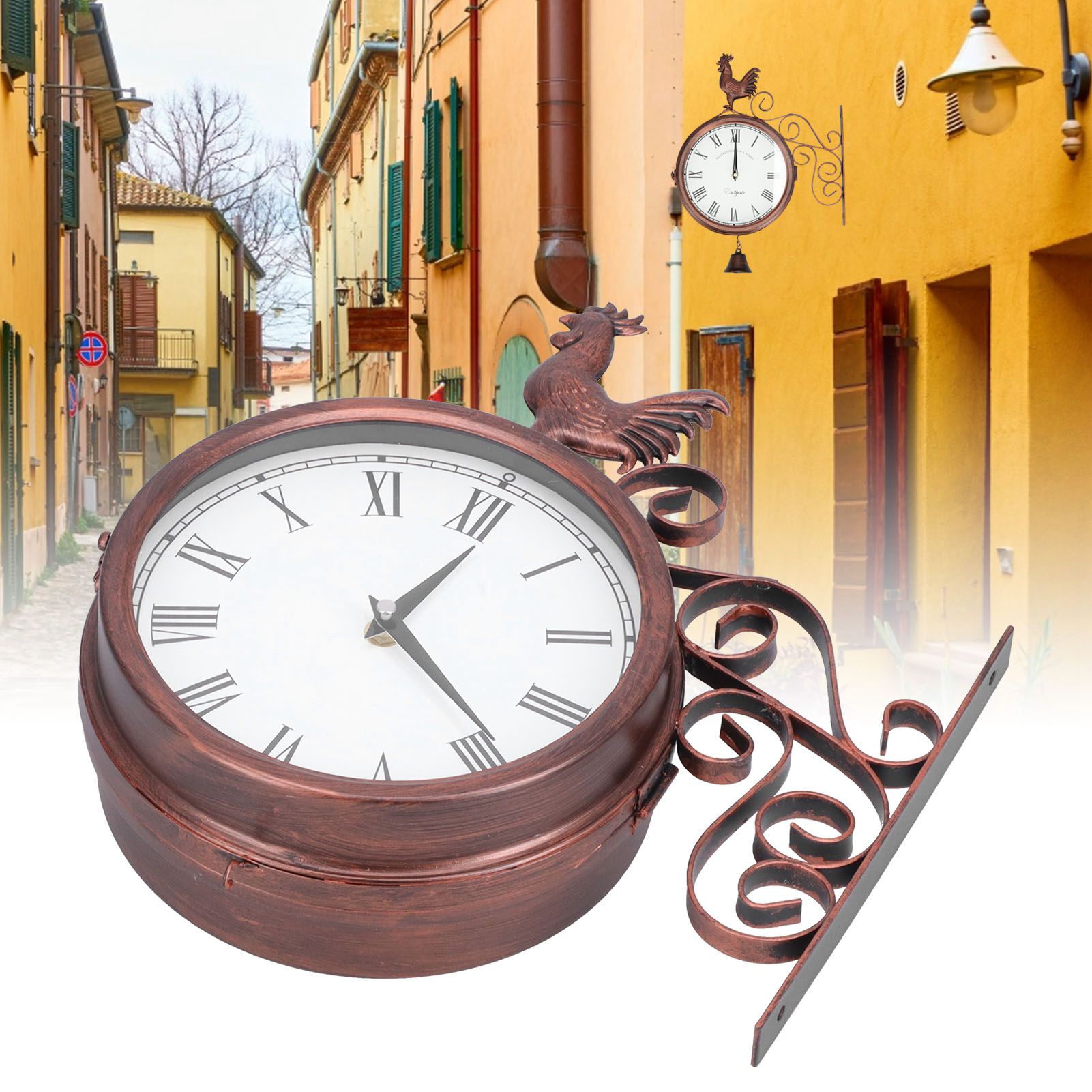 Iron Wrought Wall Clock Rooster Double Sided Antique Brass Wall Clock Round view 12