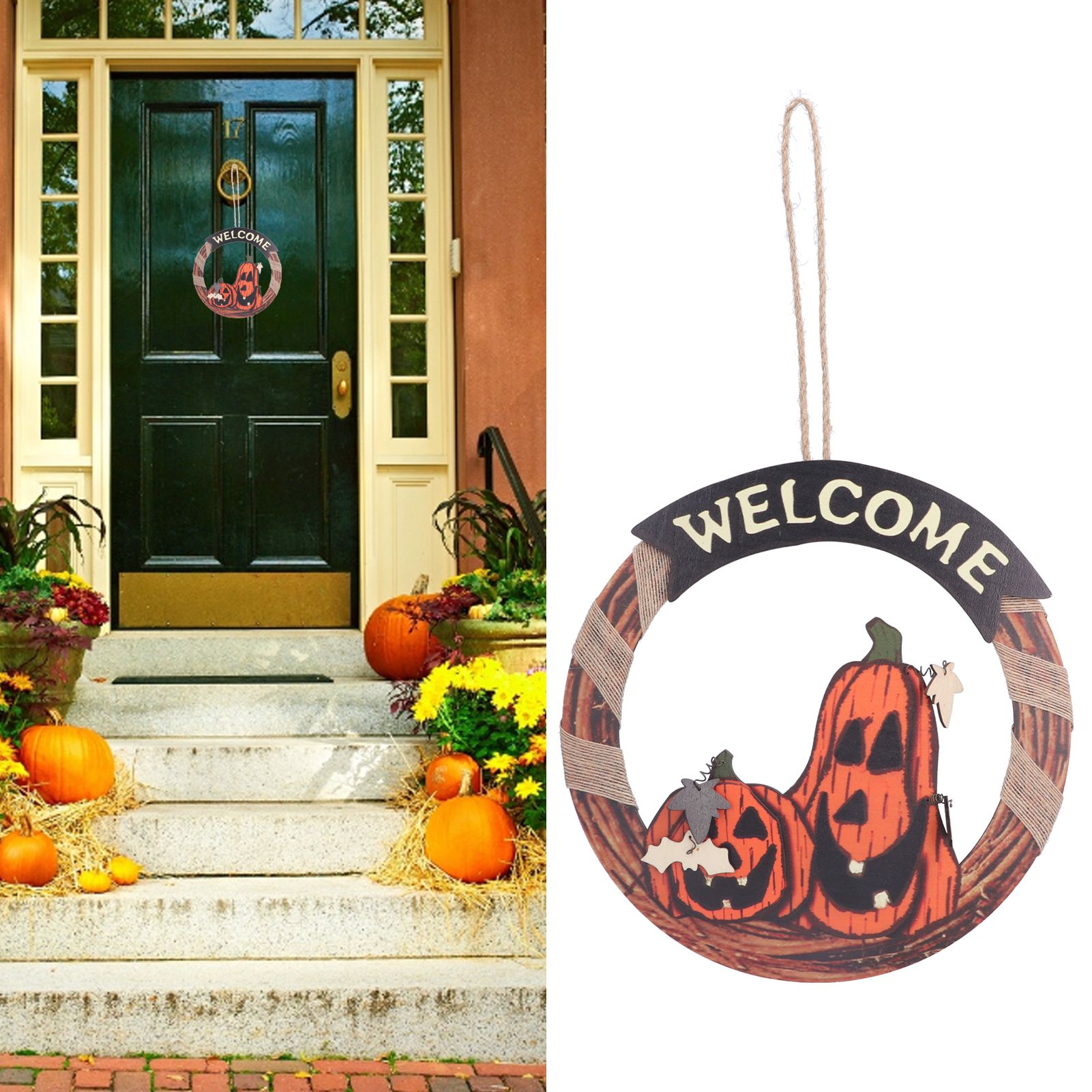 Halloween Welcome Sign Wooden Pumpkin Pattern Door Hanging Sign Decoration for view 11