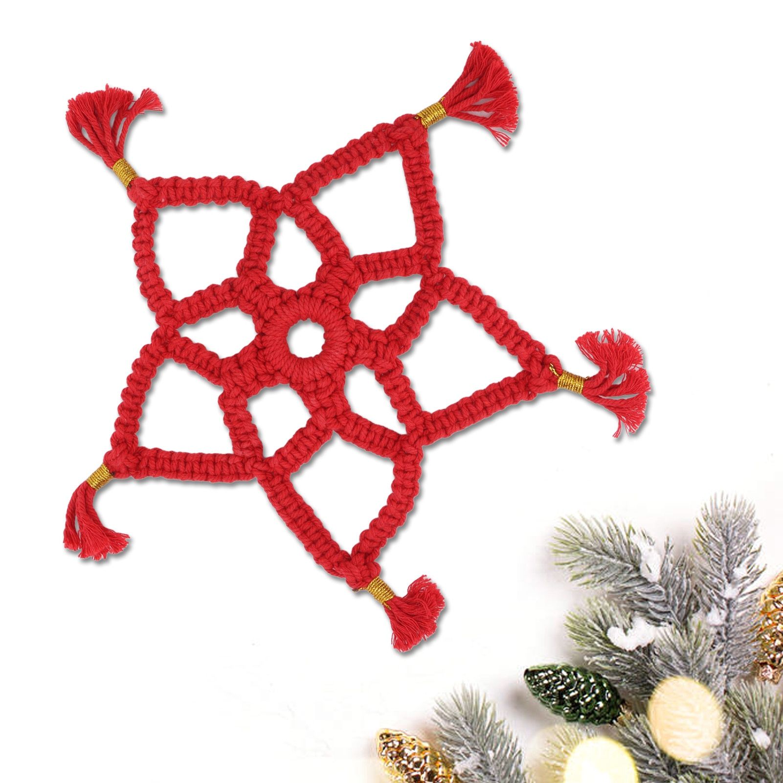 Hand Cotton Woven Hollow Star Ornament Red Five Pointed Star Ornaments Holiday view 12