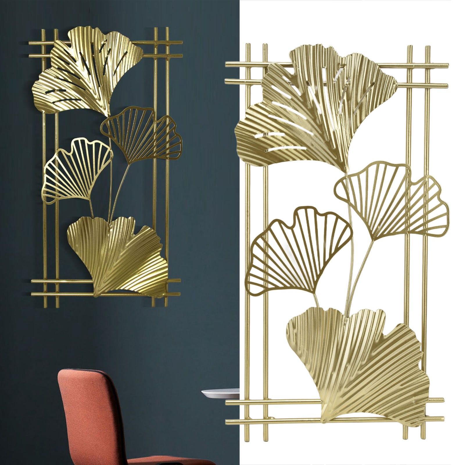 Gold Metal Wall Decor Golden Leaf Wall Hanging Decor Art Sculpture with Frame view 11