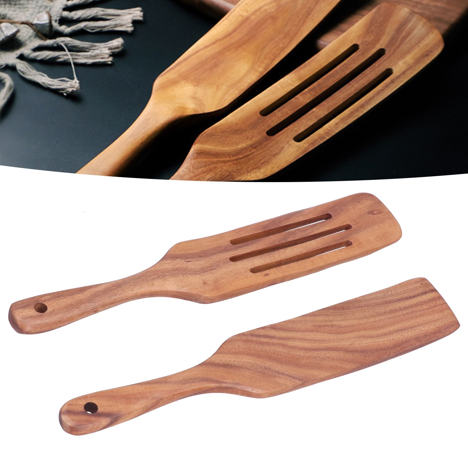 2pcs Slotted Turner Spatula Simple Wooden Spatula with Long Handlefor Cooking view 11