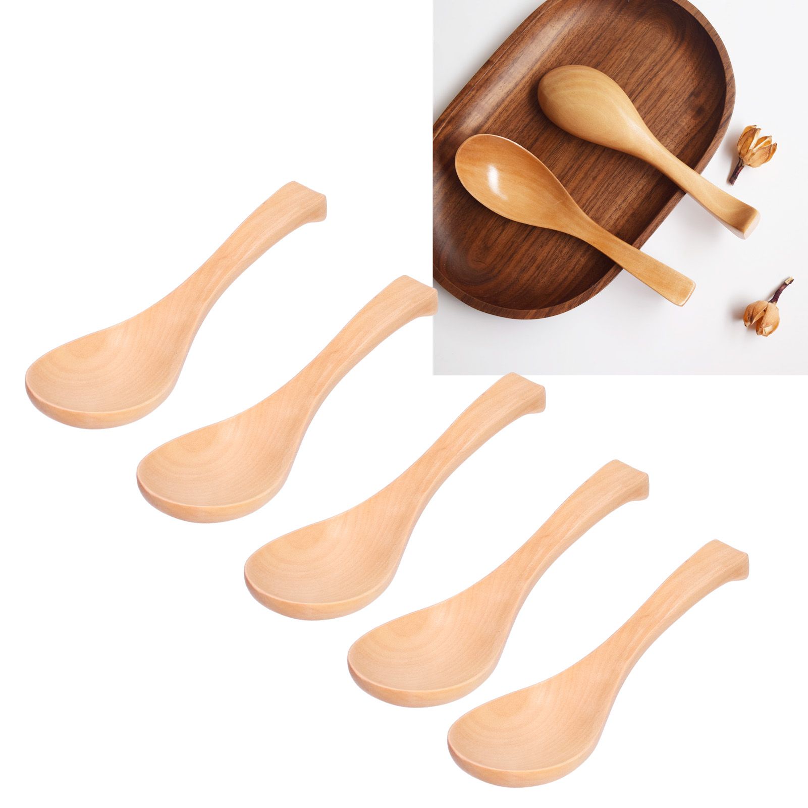 5Pcs Natural Wooden Soup Spoon with Hook The Bowl Hand Polished Japanese view 11