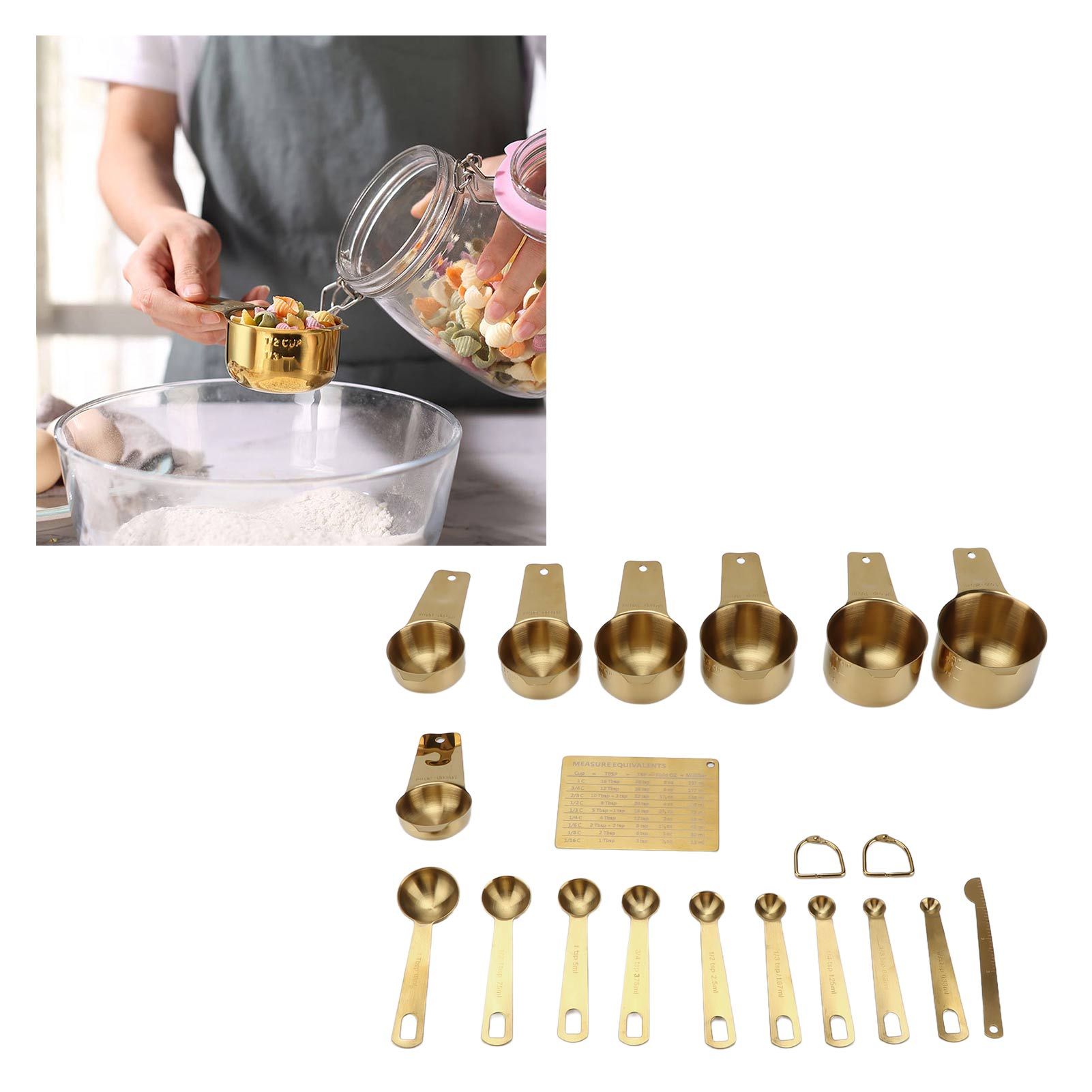 18PCS Measuring Cup Stainless Steel Gold Coffee Spoon Cup Set Baking Scale view 11