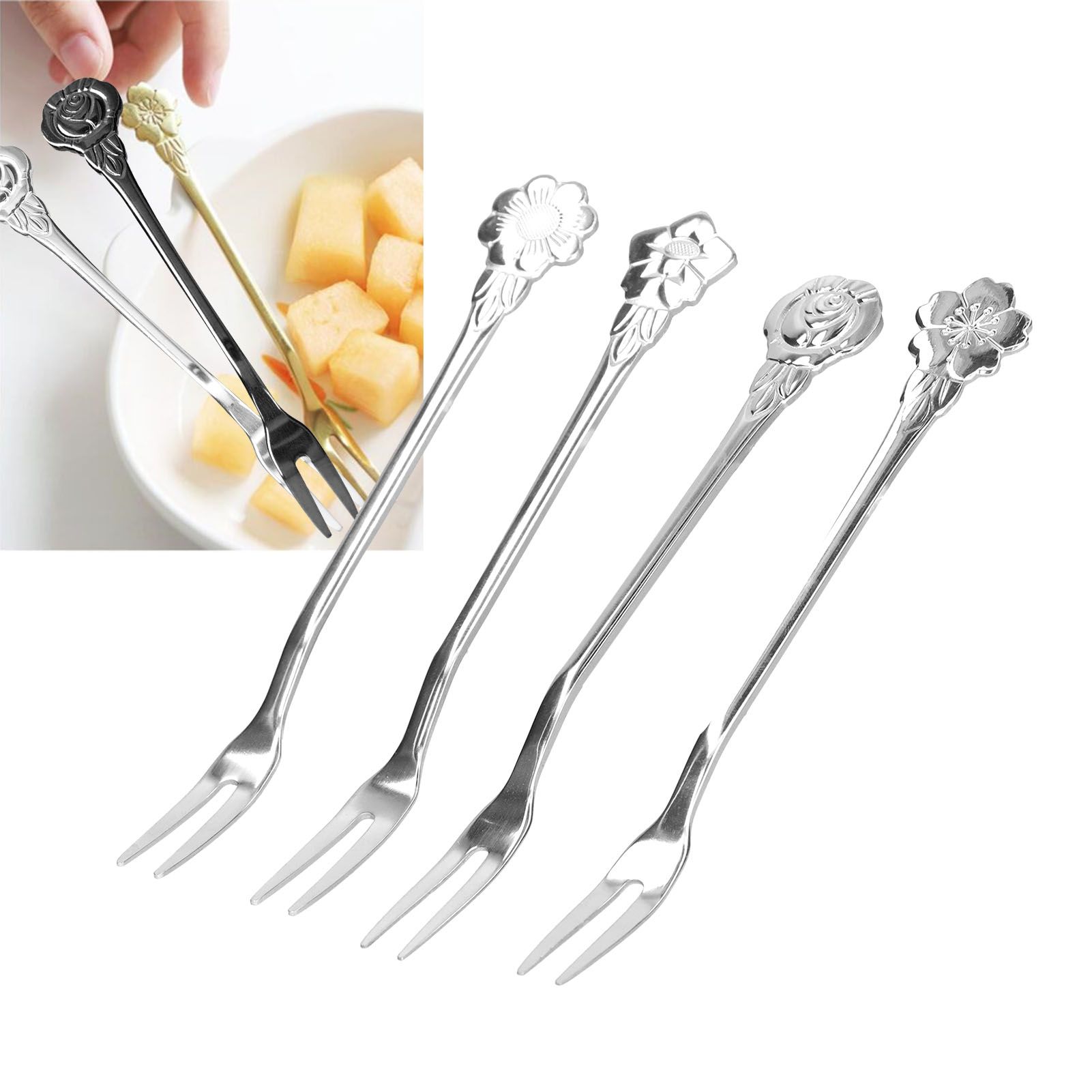 4pcs 2 Prong Fruit Fork Stainless Steel Mini Salad Fruit Dessert Tasting Forks view 11