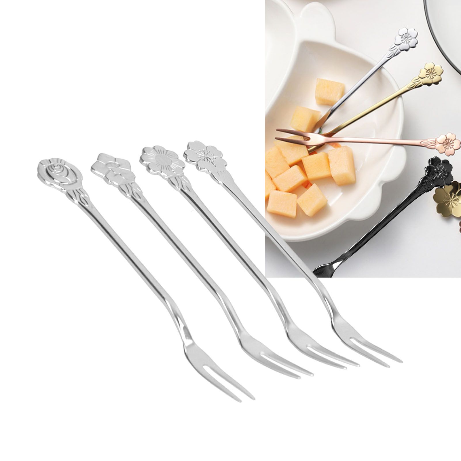 4pcs 2 Prong Fruit Fork Stainless Steel Mini Salad Fruit Dessert Tasting Forks view 12