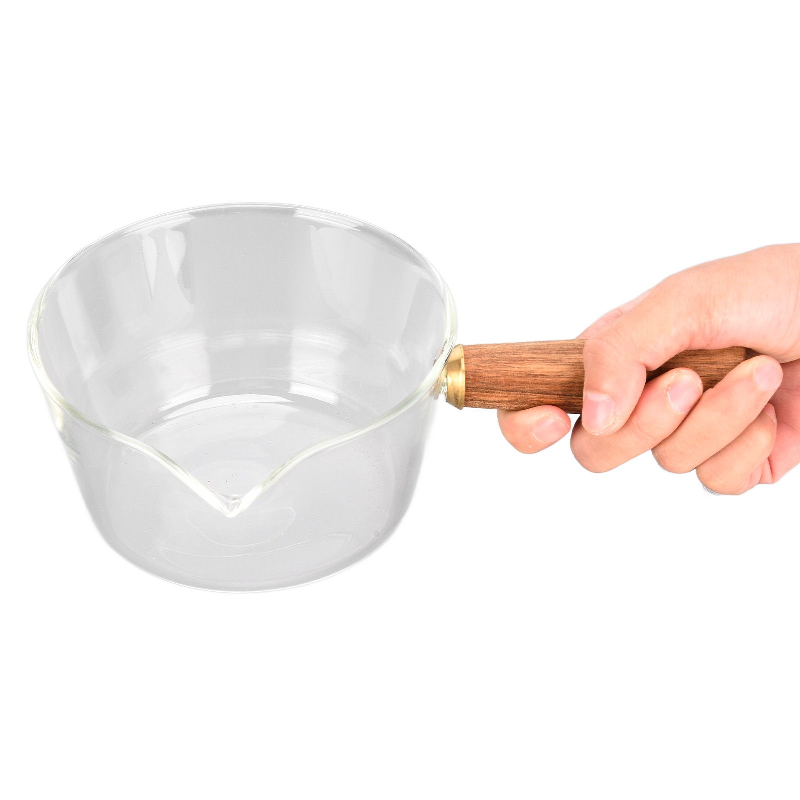 Glass Milk Pot with Wooden Handle V Shaped Spout Noodles Saucepan Home Kitchen view 5