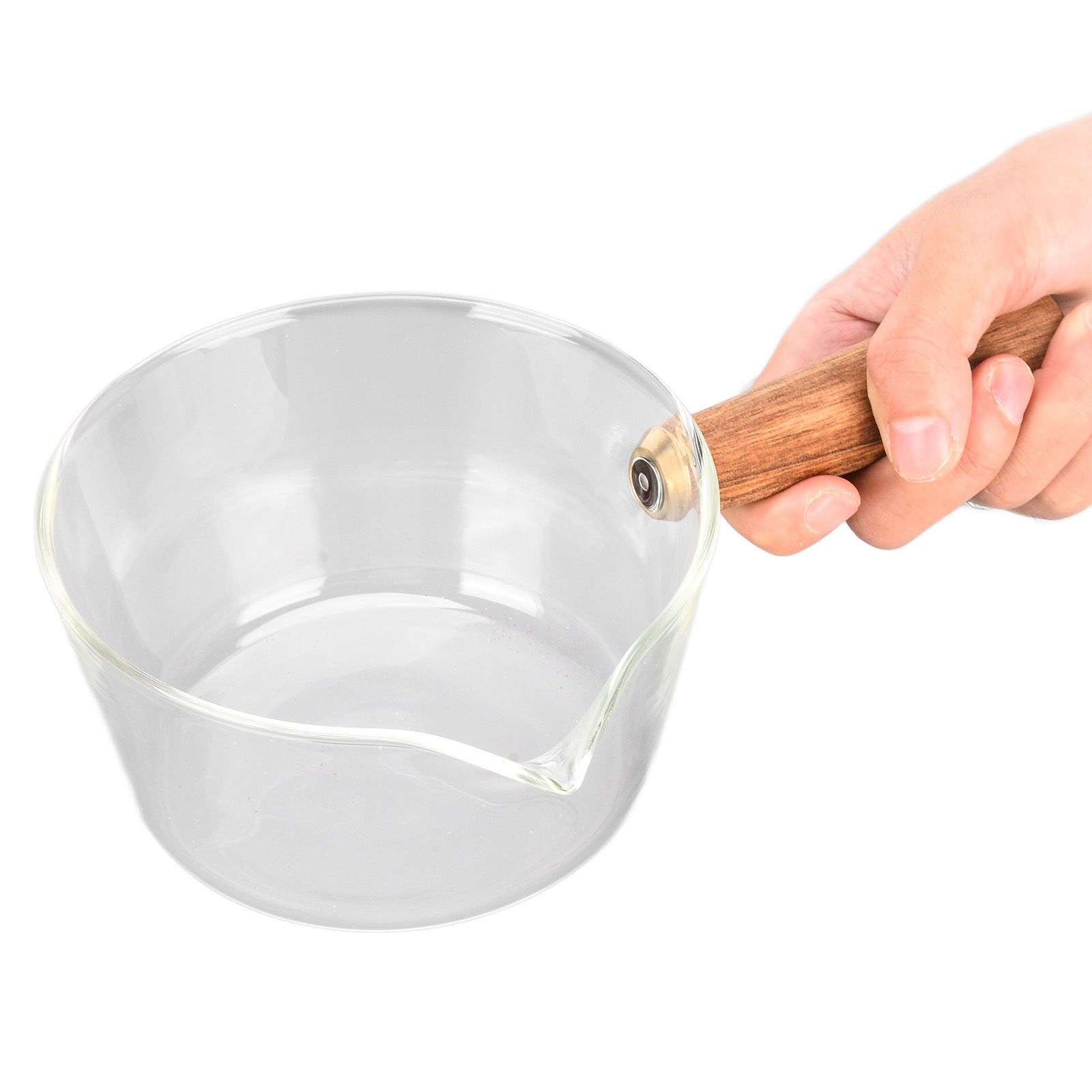 Glass Milk Pot with Wooden Handle V Shaped Spout Noodles Saucepan Home Kitchen view 6