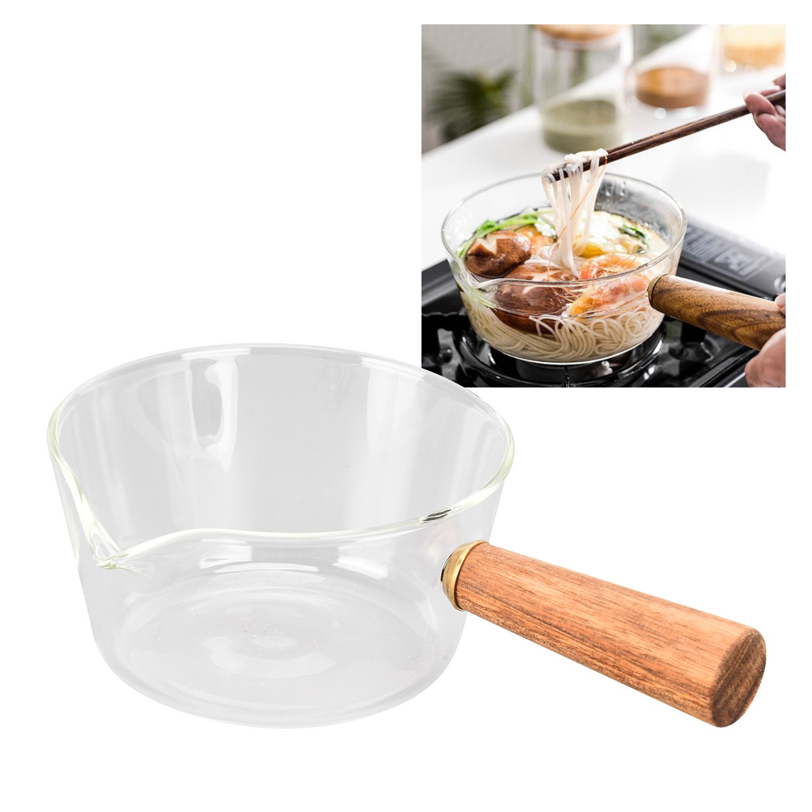 Glass Milk Pot with Wooden Handle V Shaped Spout Noodles Saucepan Home Kitchen view 11