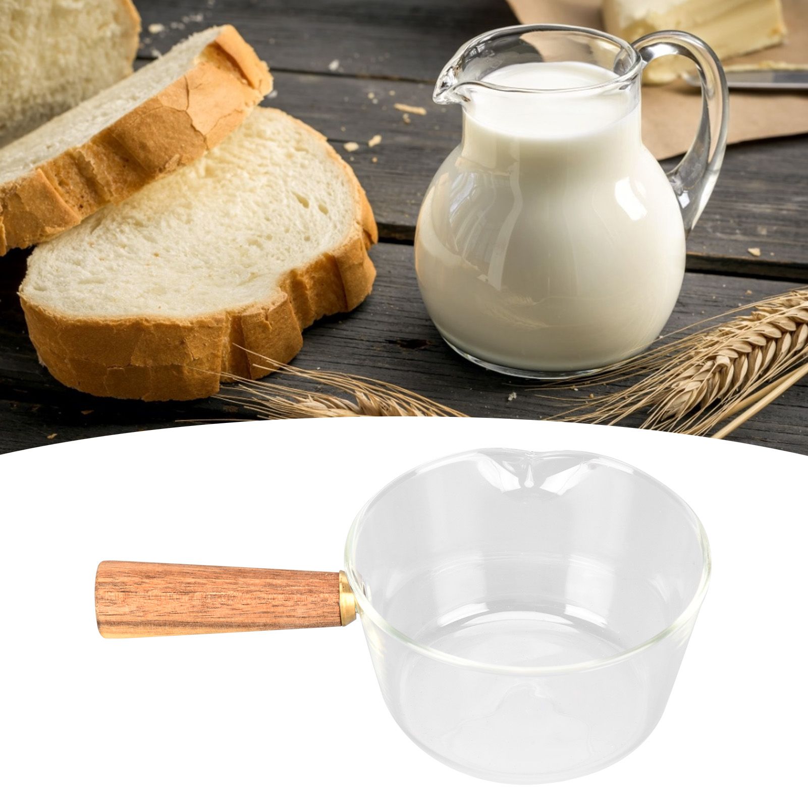 Glass Milk Pot with Wooden Handle V Shaped Spout Noodles Saucepan Home Kitchen view 12